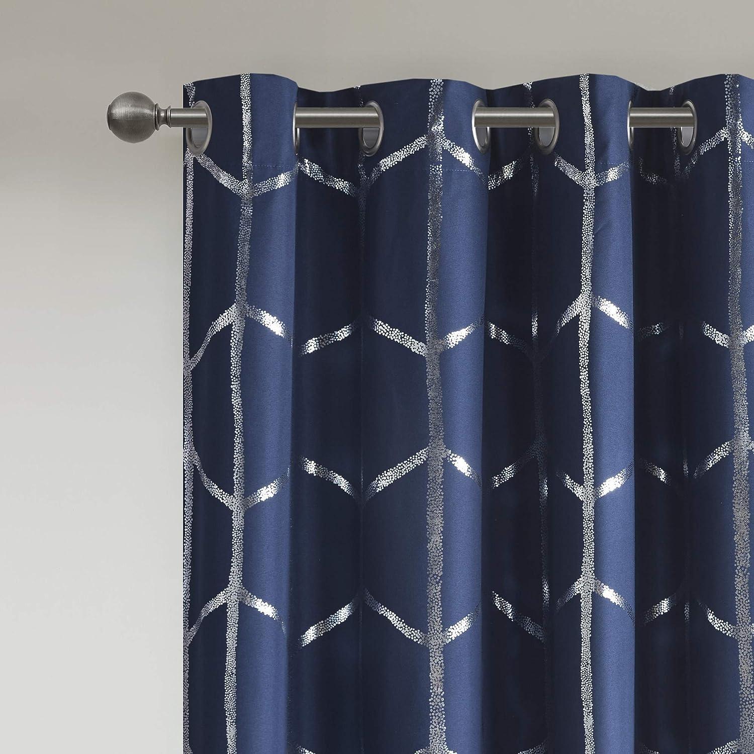 63"x50" Arielle Total Blackout Metallic Printed Curtain Panel Navy: Intelligent Design, Geometric Grommet Top, Energy Efficient