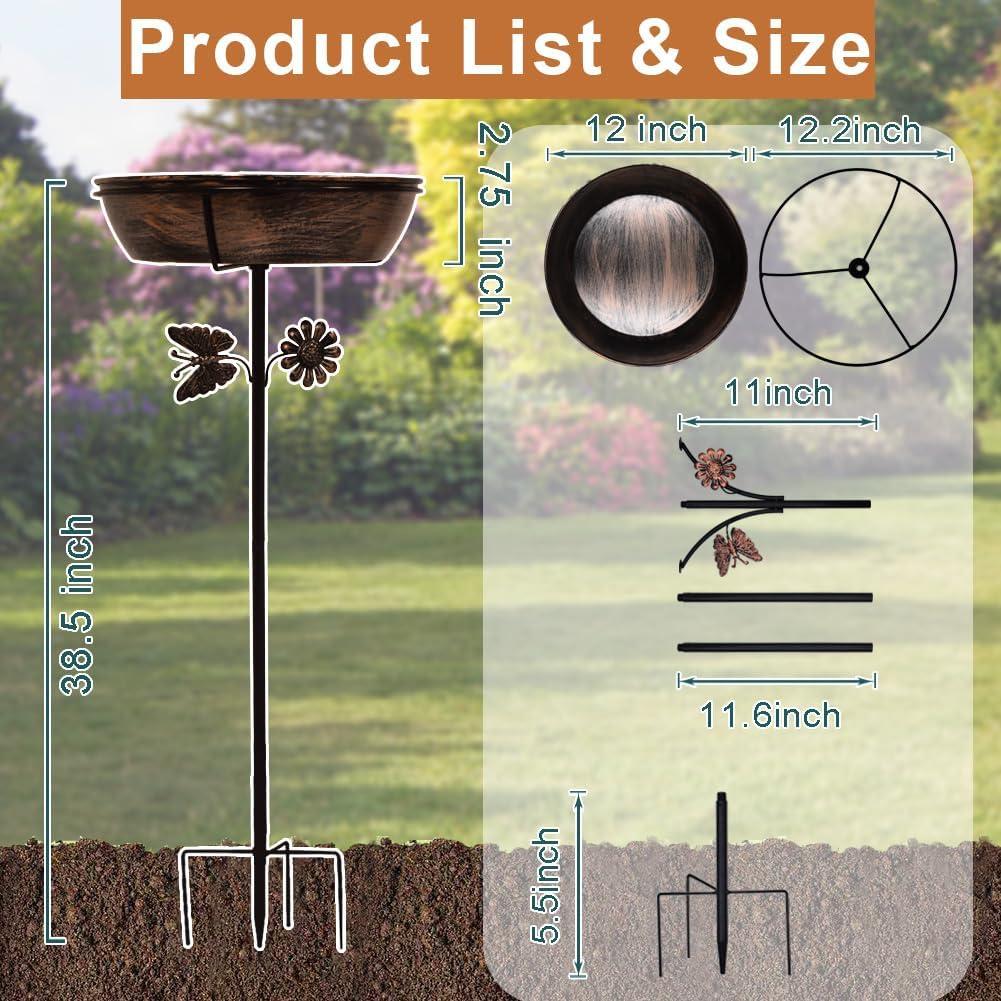 Metal Bird Baths For Outdoors, 2.7" Deep Bird Bath Bowl With Metal Stake, Stable And Easy To Clean