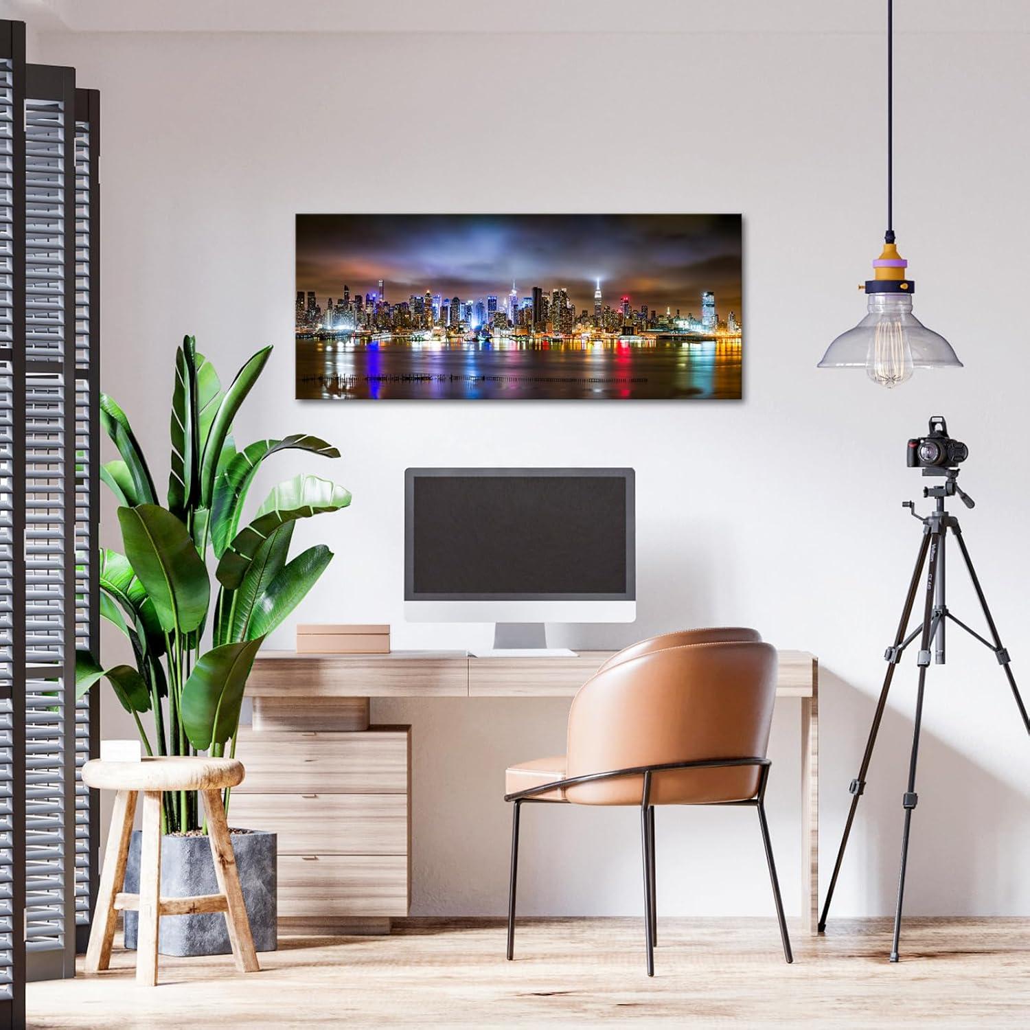 sechars - New York City Wall Art Manhattan Skyline Panorama on Cloudy Night Picture Giclee Art Print Modern Home Office Wall Decoration