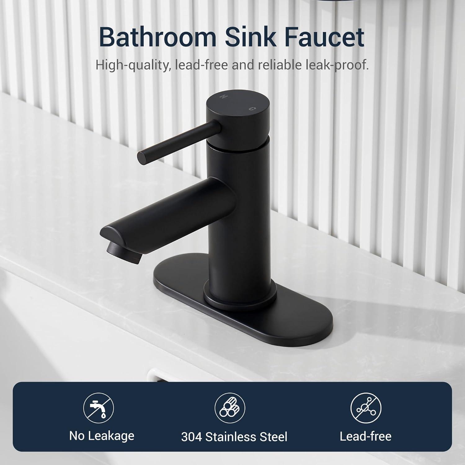 Bathroom Sink Faucet One Hole,Lavatory Tap for Basin,Matte Black Bathroom Sink Faucet with Metal Pop Up Drain Assembly， Bathroom Faucet 1 Hole with 3 Hole Deck Plate