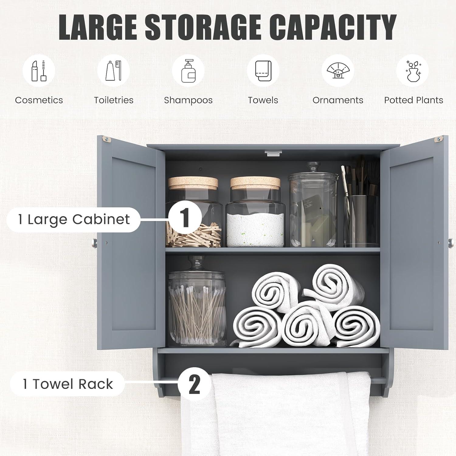 LOKO Wall Mounted Bathroom Cabinet with Towel Bar, Hanging Over The Toilet Storage Cabinet w/Adjustable Shelf, Medicine Cabinet Space-Saving Storage Organizer for Bathroom or Kitchen (Grey)