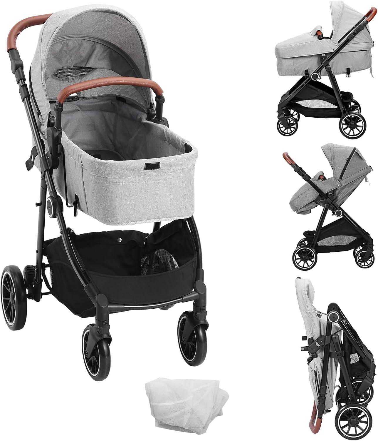 VEVOR Standard Baby Stroller, Infant Toddler Stroller with Bassinet, 3rd-Gear Adjustable Backrest & Foldable & Reversible Seat, Carbon Steel Newborn Stroller with Leg Cover and Mesh Net, Light Grey