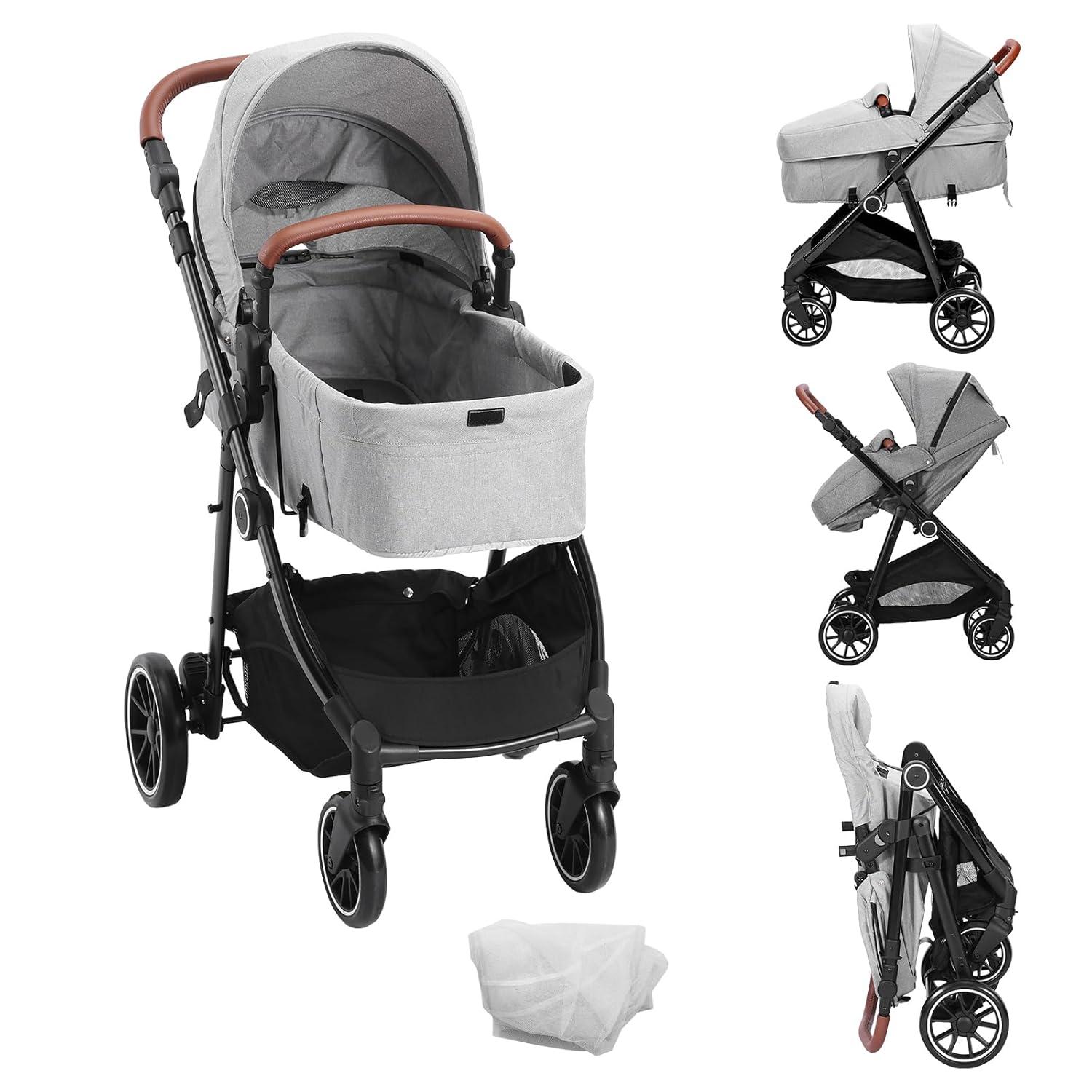 Light Gray All-Terrain Steel Bassinet Baby Stroller