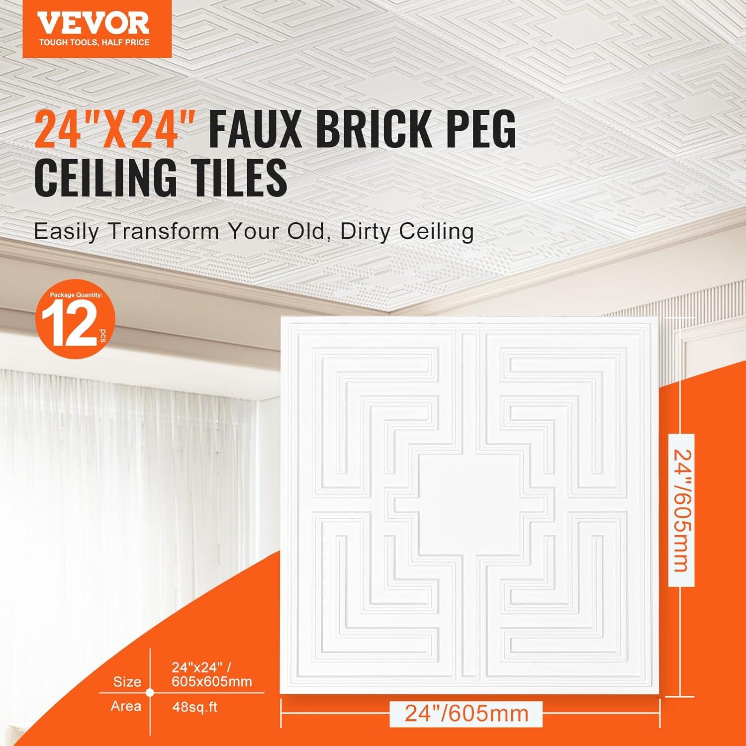 VEVOR Ceiling Tiles 12-Pack 24 x 24 in PVC Easy Installation White Echo Pattern (Set of 12)