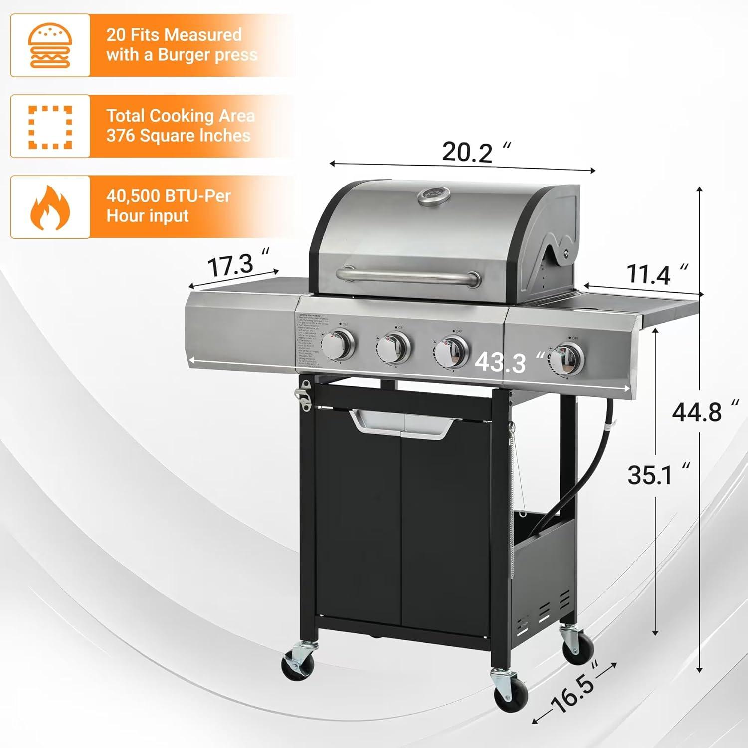 3-Burners Propane Gas Grill Outdoor with Side Burner & Thermometer, Stainless Steel Propane Grill for Outdoor BBQ and Camping, Patio Backyard Barbecue, 33950 BTU Output