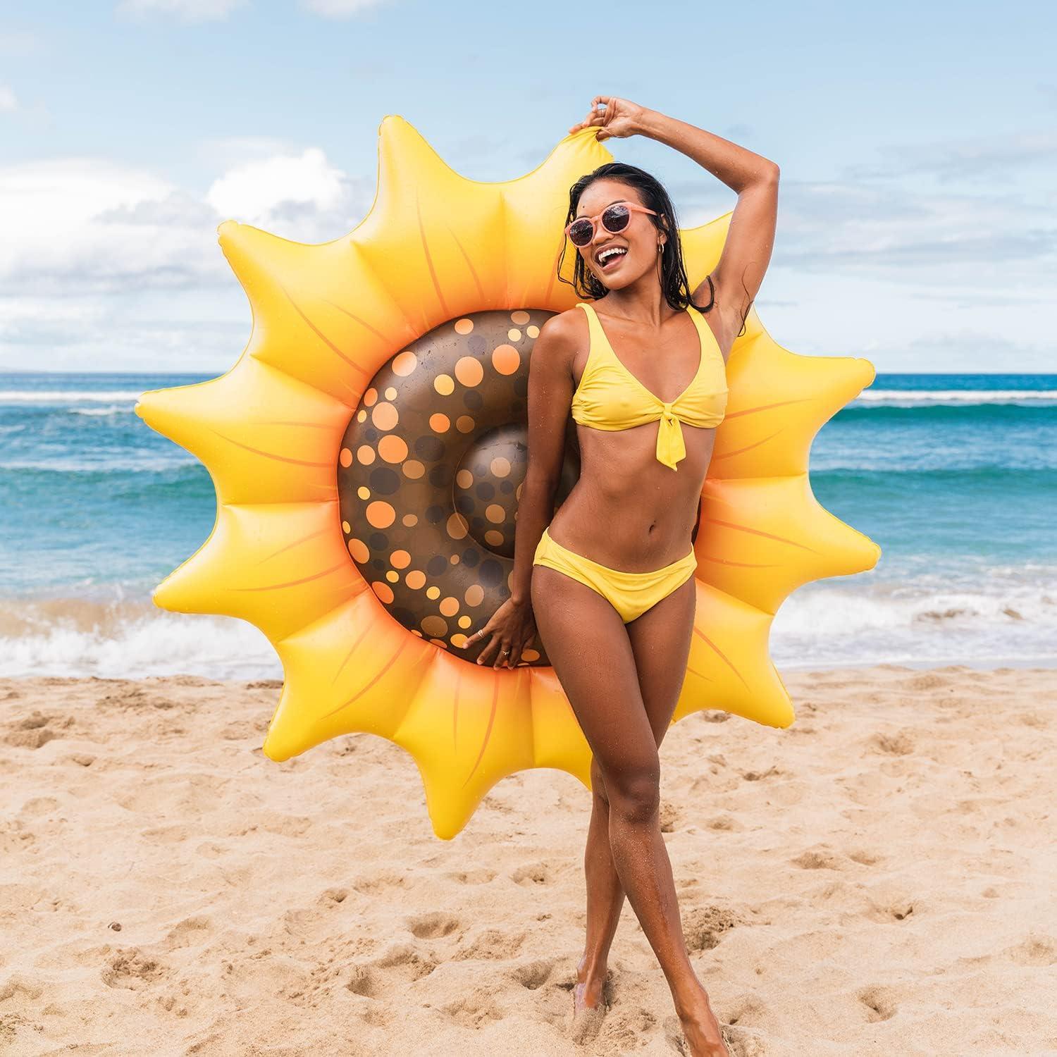 Get Ready for Summer Fun with PoolCandy's Inflatable Sunflower Island Pool Float - Perfect for Parties and Relaxation. The Ultimate Swimming Pool Inflatable Toy.
