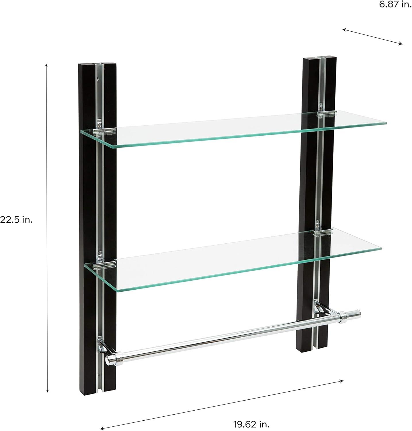 Dark Wood and Glass 2-Tier Bathroom Shelf with Chrome Towel Bar