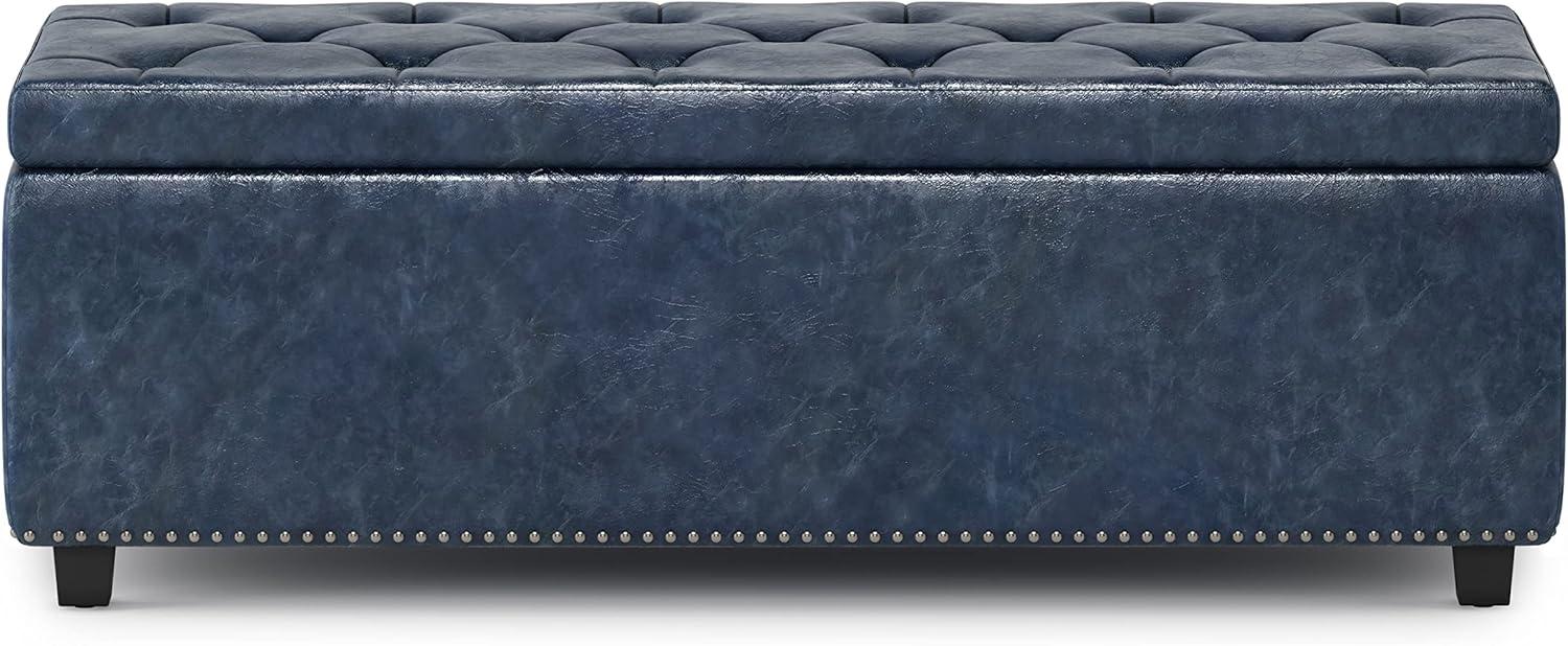 Hamilton 48 inch Wide Traditional Rectangle Storage Ottoman in Denim Blue Faux Leather