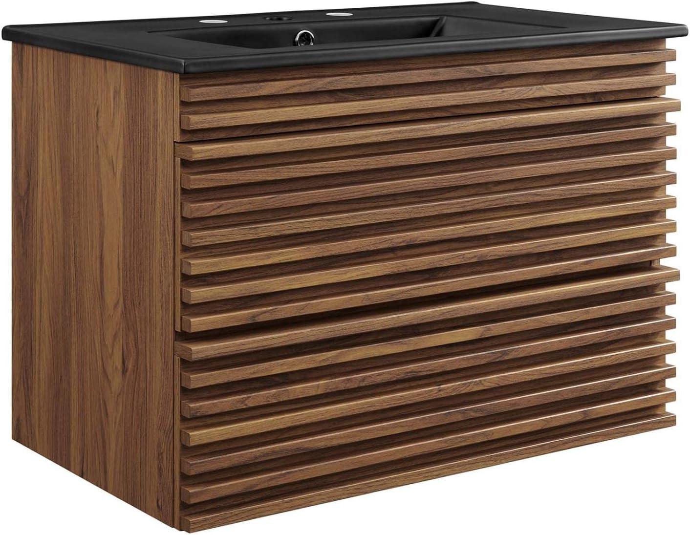 Modway Render Modern Wood Wall-Mount Bathroom Vanity in Walnut/Black