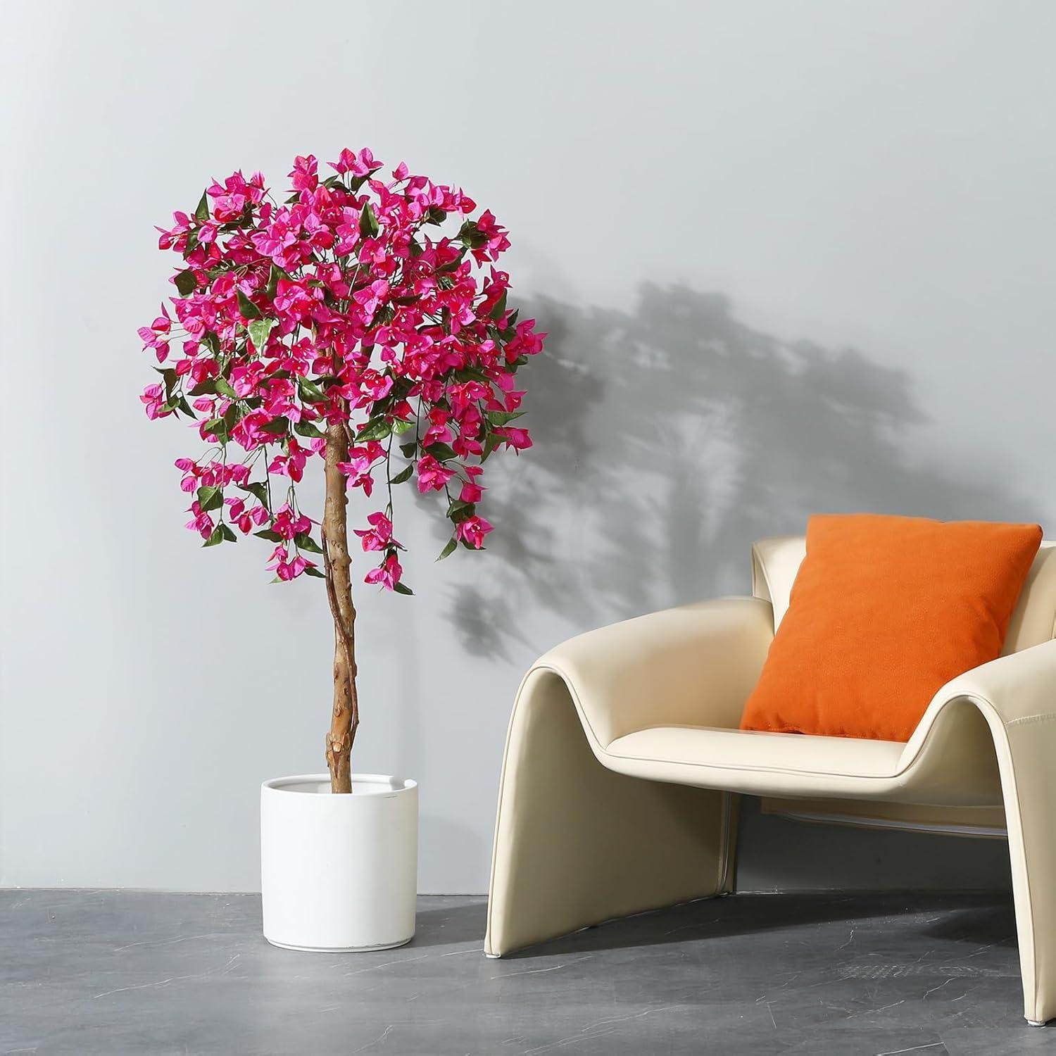 5FT Artificial Bougainvillea Tree Potted Fake Plant with Wood Trunk and Pink Flowers for Indoor Office Wedding Home Decor