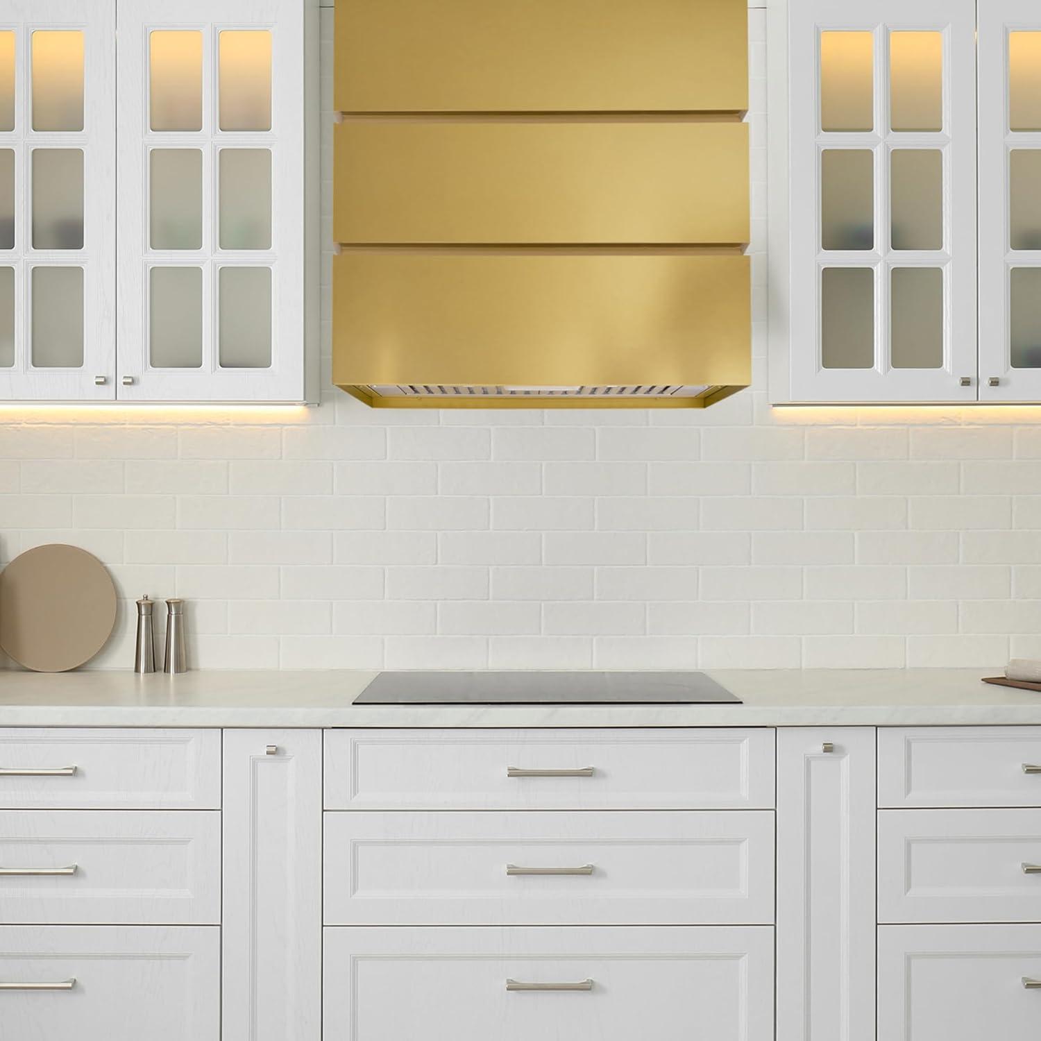 Akicon Stainless Steel Range Hood, Modern Box Kitchen Hood with Powerful Vent Motor, Wall Mount, 30”W*30”H*14D, Matte Gold (AKHS30H-MG)