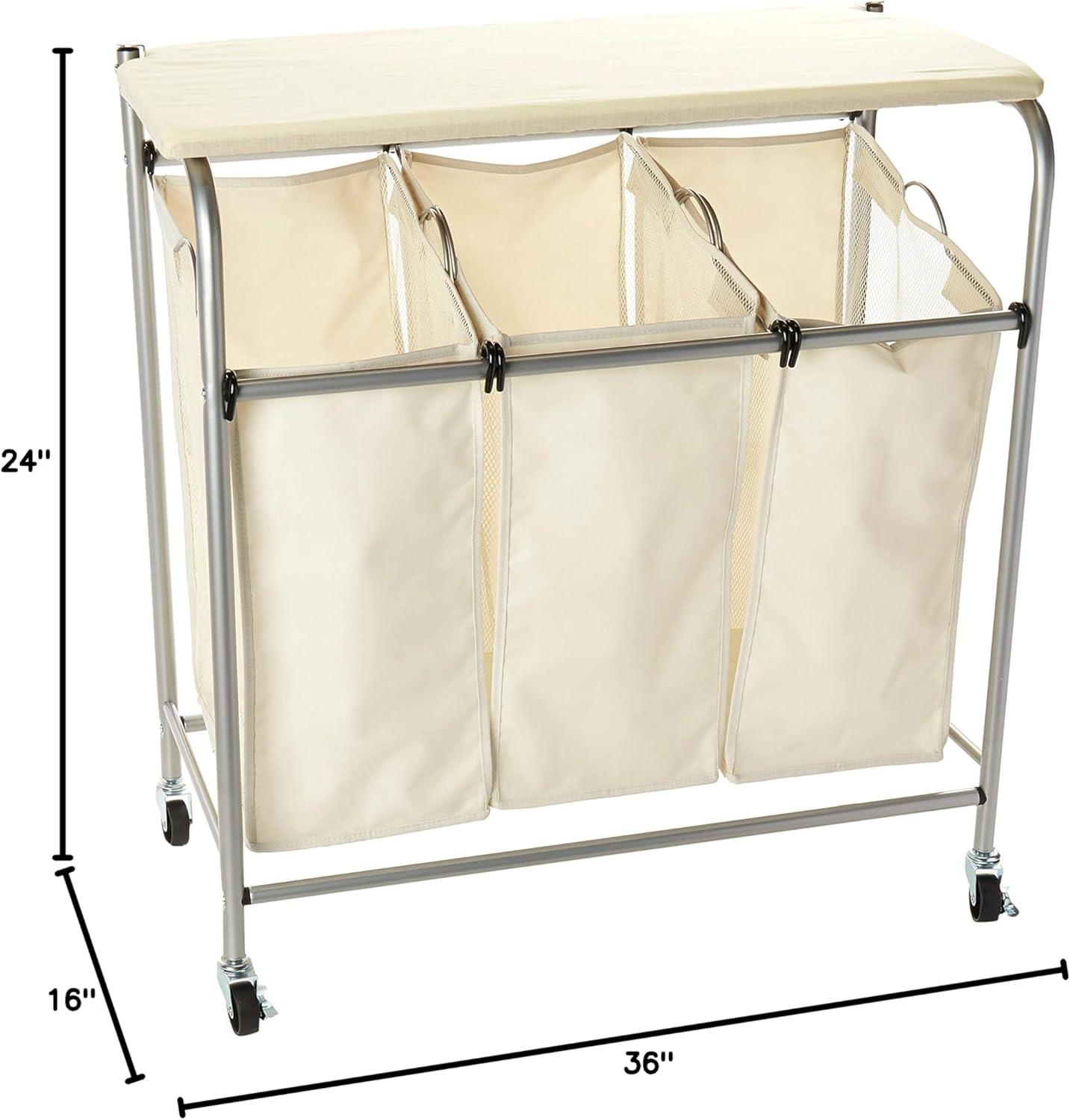 Natural Triple Laundry Sorter with Ironing Board and Locking Wheels