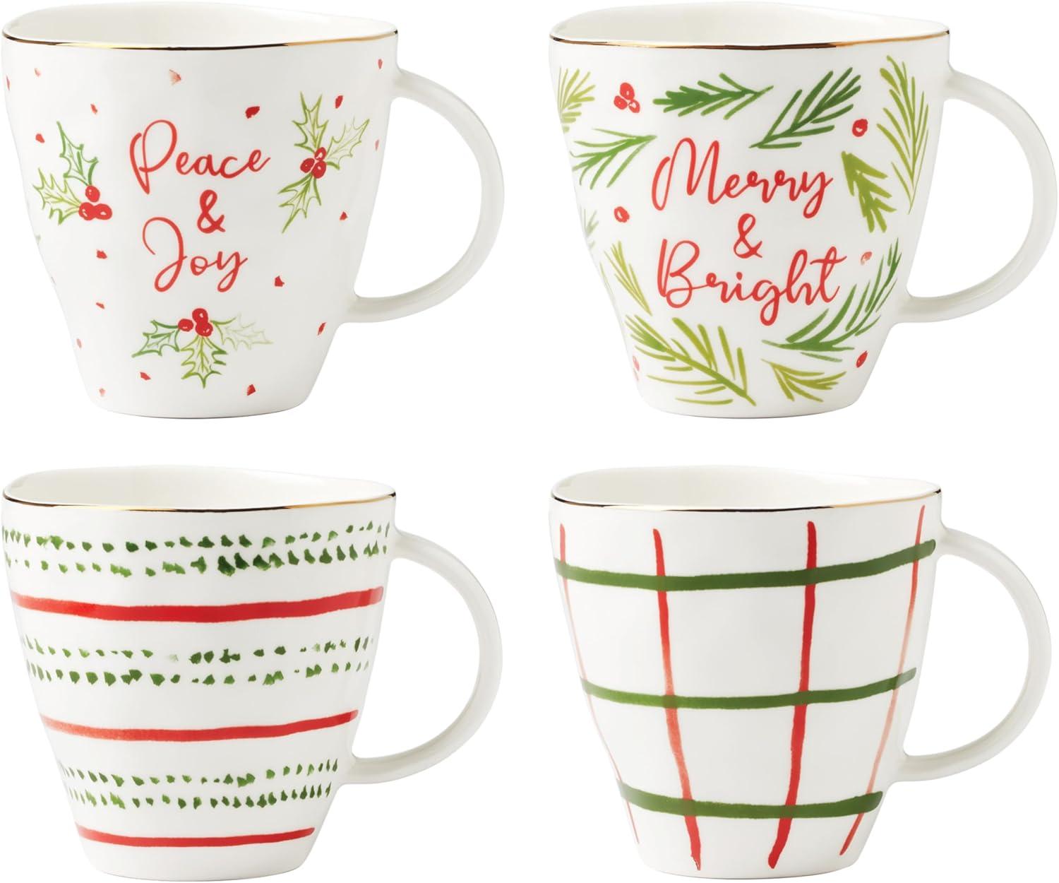 Ivory Ceramic Holiday Motif Mug Set, 12oz, Set of 4