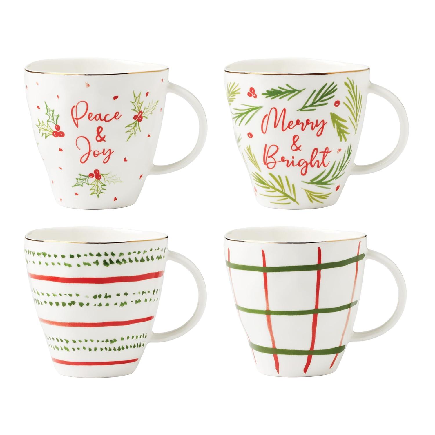 Ivory Ceramic Holiday Motif Mug Set, 12oz, Set of 4