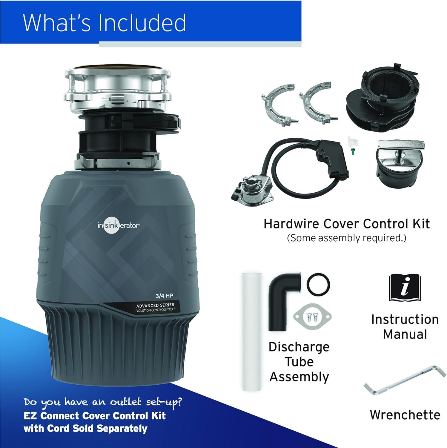 Evolution Cover Control 3/4 HP Garbage Disposal, Advanced Series Batch Feed Food Waste Disposer