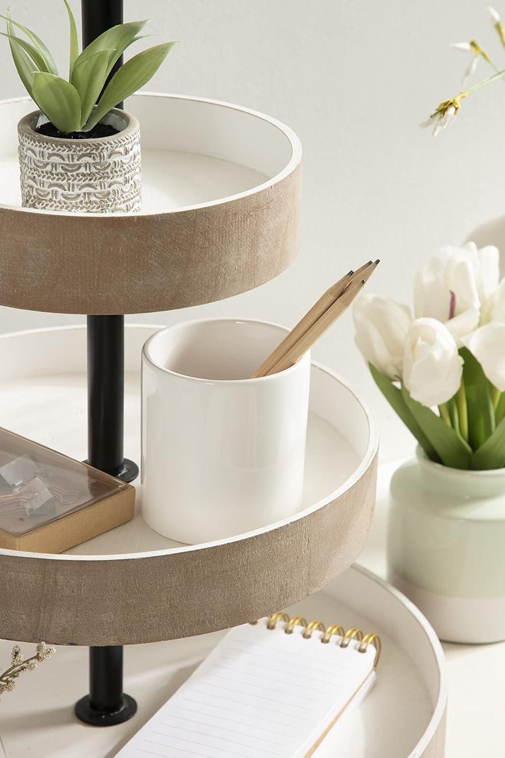 Kate and Laurel Woodmont Tray, 3 Tier, Rustic Brown and White