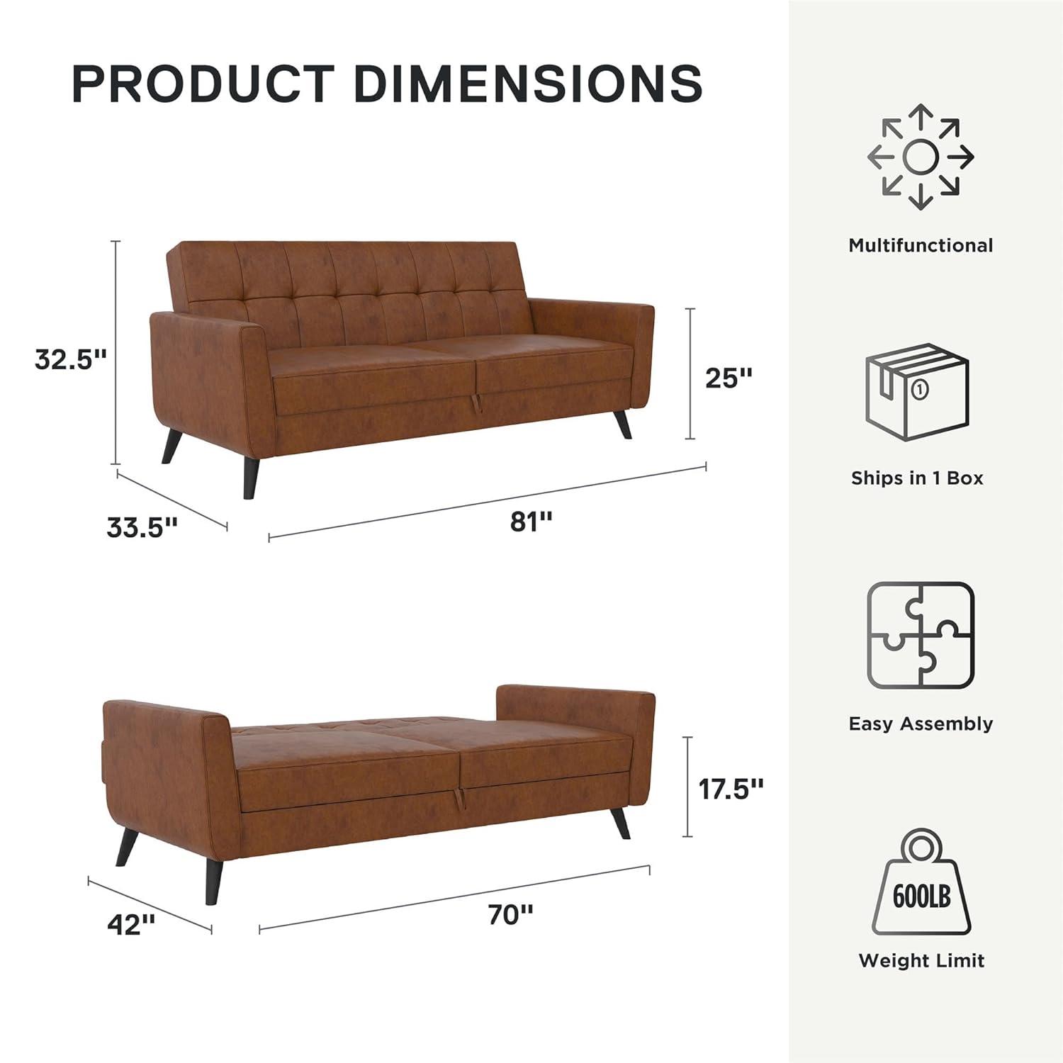 Dorel Home Products Parker Faux Leather Futon with Storage Camel