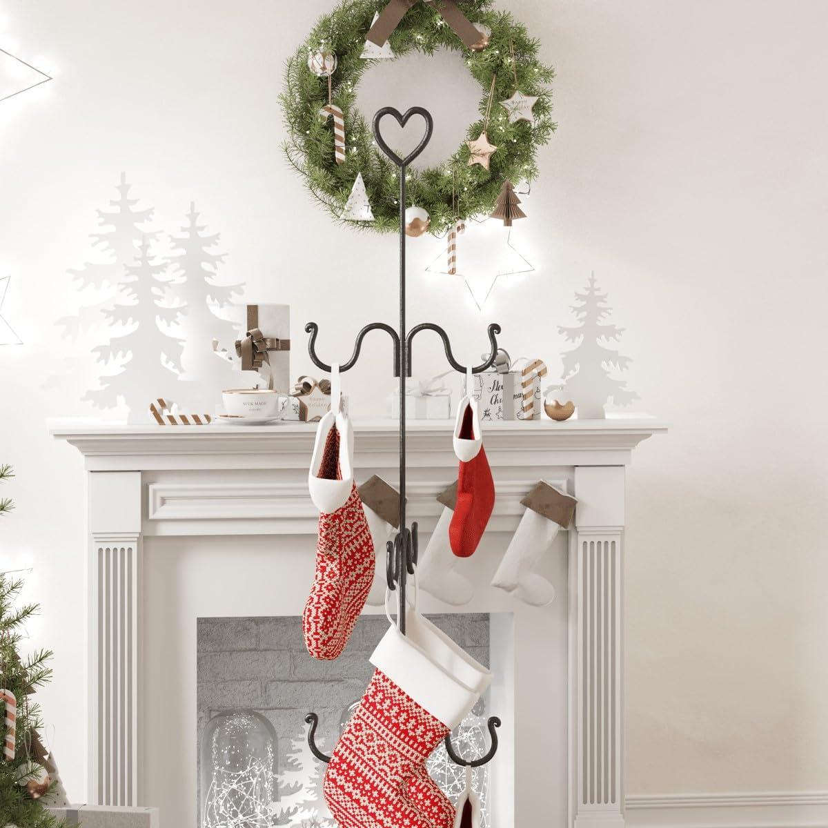 Black Wrought Iron Freestanding Christmas Stocking Holder with Hooks