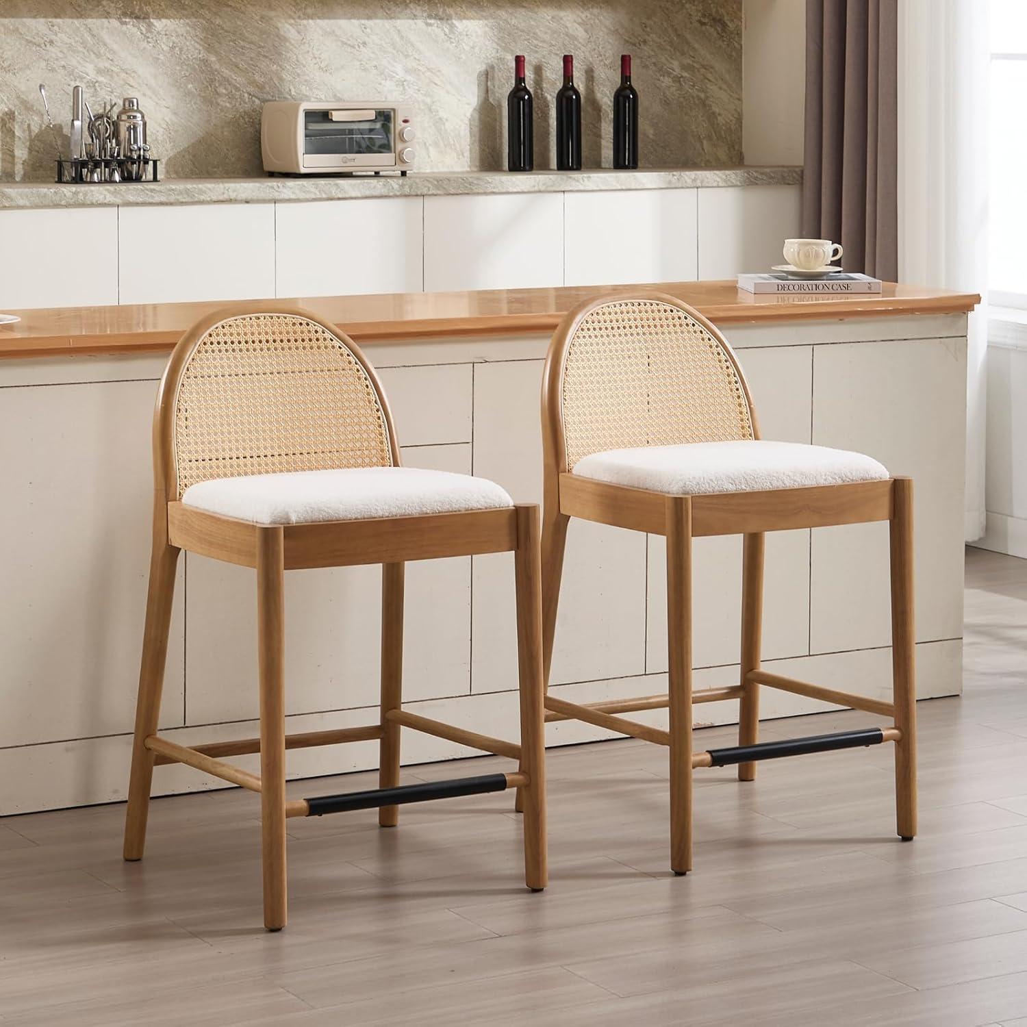 Bayou Breeze Emington Modern Bar Stools Counter Height Bar Stools with Rattan Backrests and Wood Frame (Set of 2)