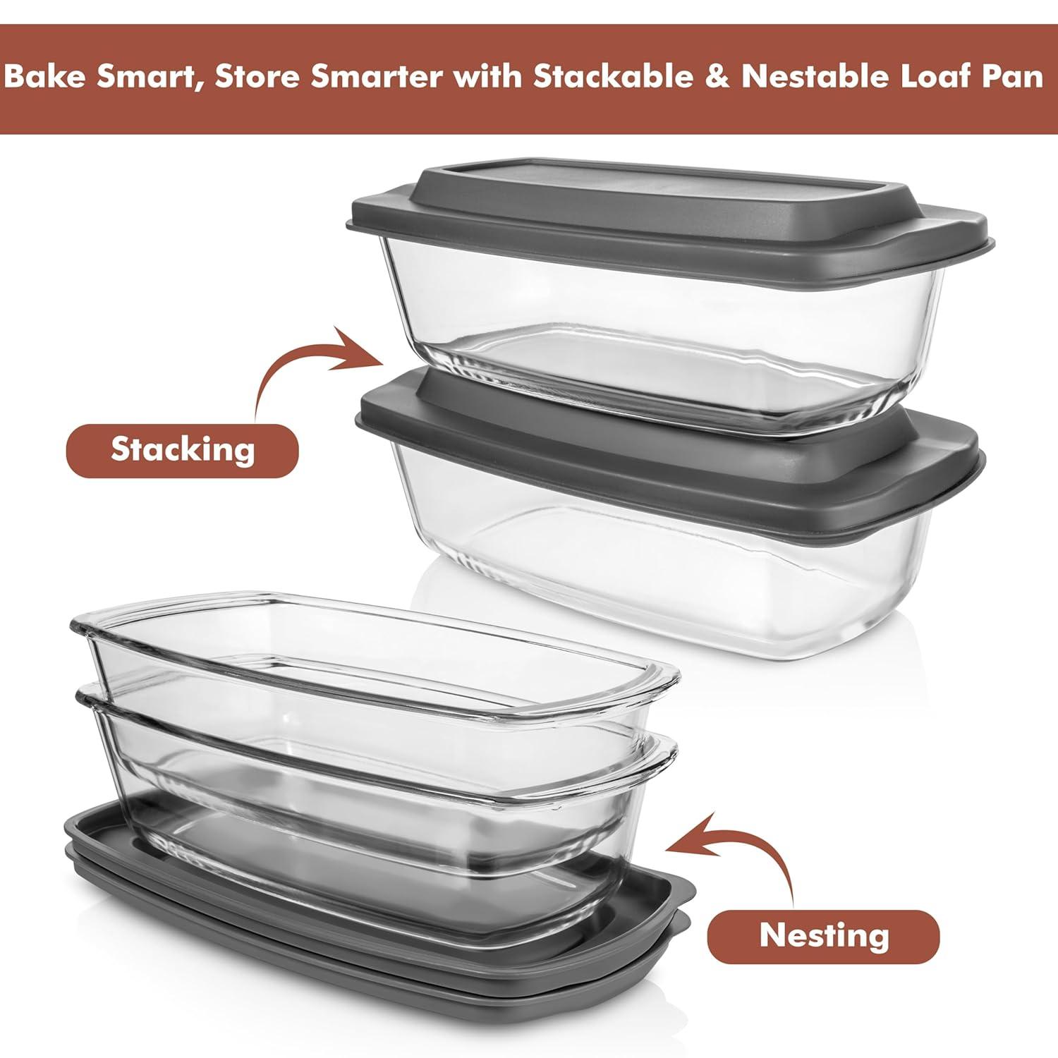 Razab 1800ml Large Glass Loaf Pans with Lids (Set of 2) 10 x 5in Bread Baking Pans, Bpa Free with Easy-Grip Handles