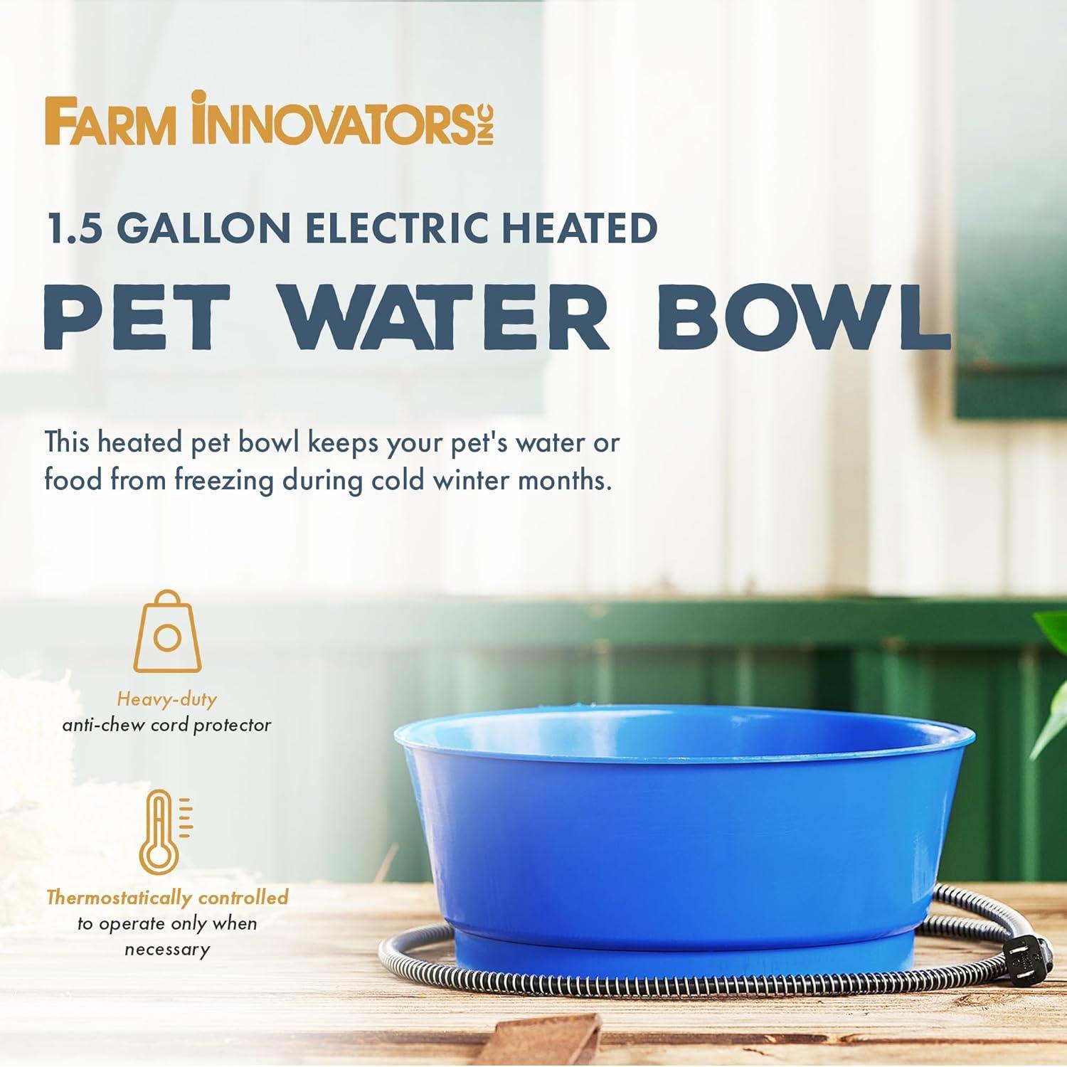 Farm Innovators R-19A 1.5 Gallon Electric Heated Pet Water Bowl with Thermostatic Control and Anti Chew Cord Protector, 60 Watt, Blue