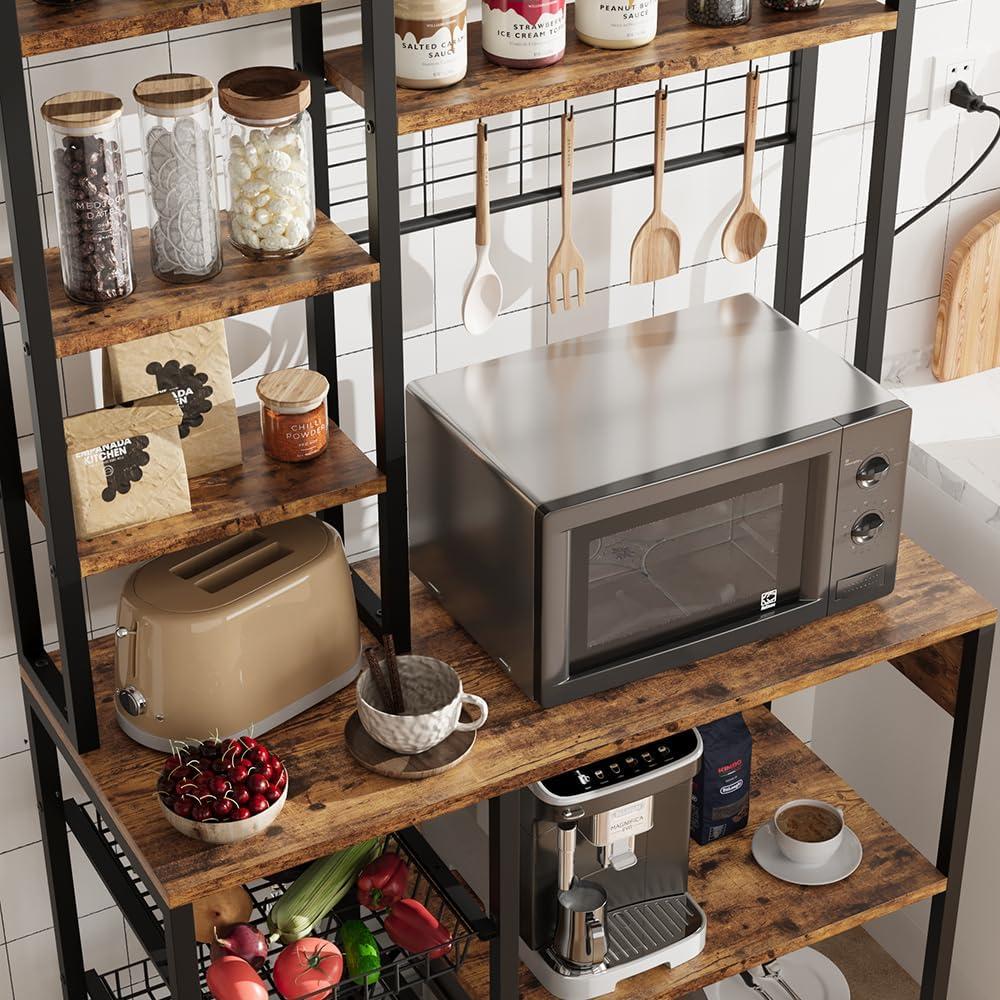 Bakers Rack with Power Outlet, Microwave Stand with 2 Wire Drawer, Industrial Coffee Bar Station, 7-Tier Kitchen Bakers Rack with Large Storage for Spice, Pots Organizer