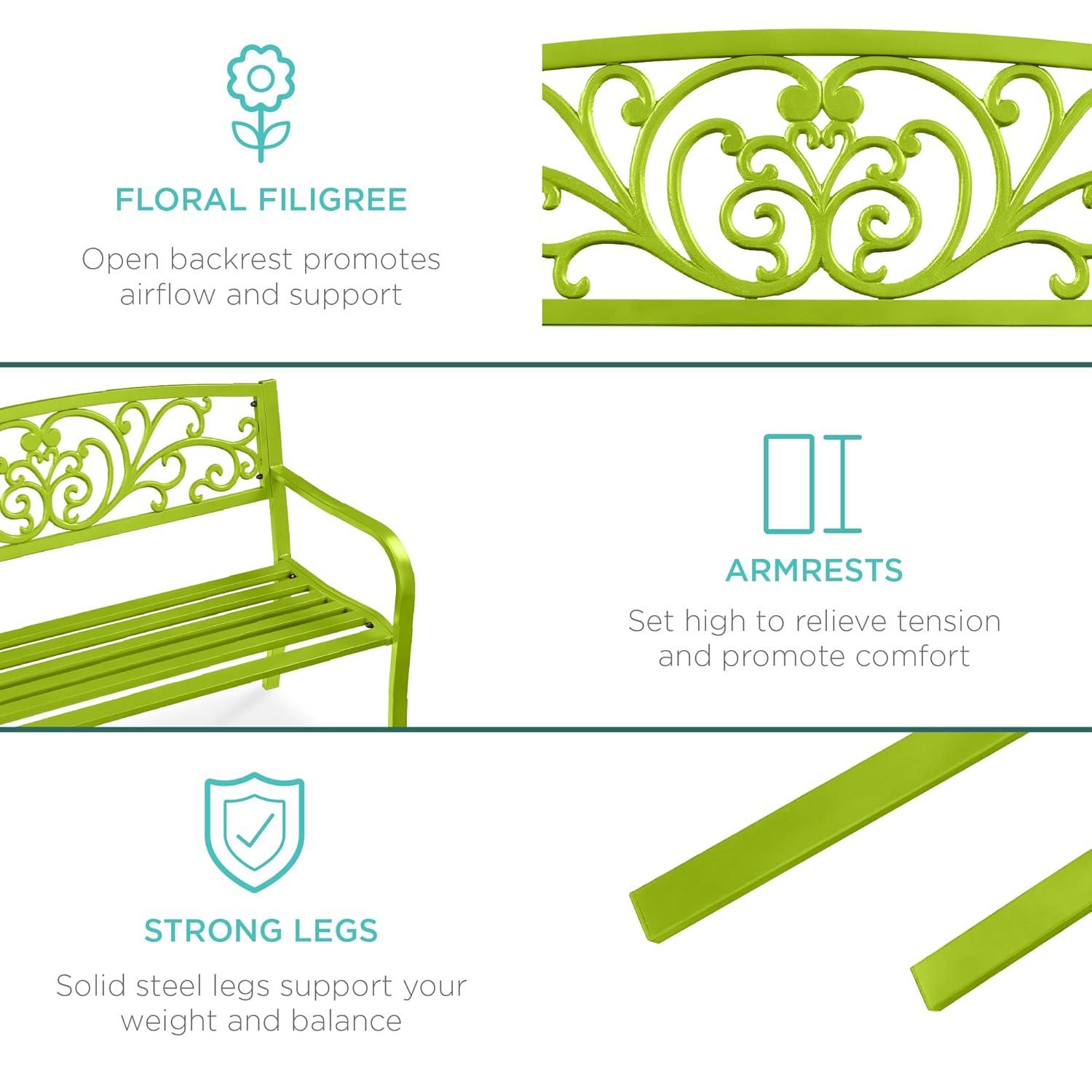 World Menagerie Outdoor Steel Bench with Floral Backrest & Slatted Seat, Marigold for Garden, Patio, Porch, Lawn, and Deck