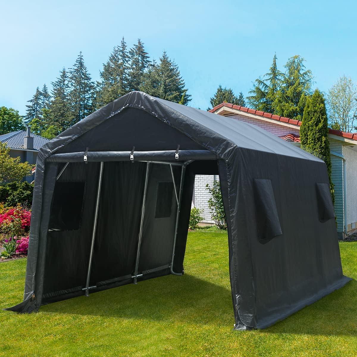ADVANCE OUTDOOR 10x15 ft Outdoor Storage Shelter Shed with 2 Roll up Zipper Doors & Vents Peak Roof Carport for Motorcycle Waterproof and UV Resistant Anti-Snow, Gray