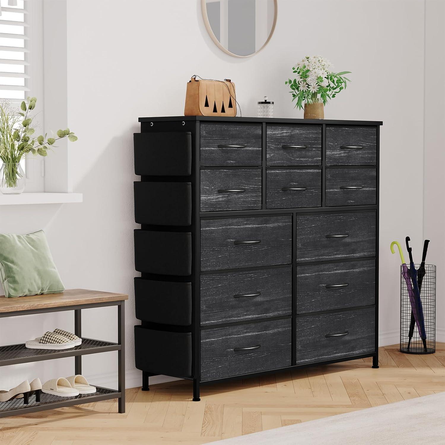 AOWOS 12 Drawer Dresser for Bedroom Fabric Storage Tower Black Dresser with Wood Top Sturdy Steel Frame Storage Organizer Unit