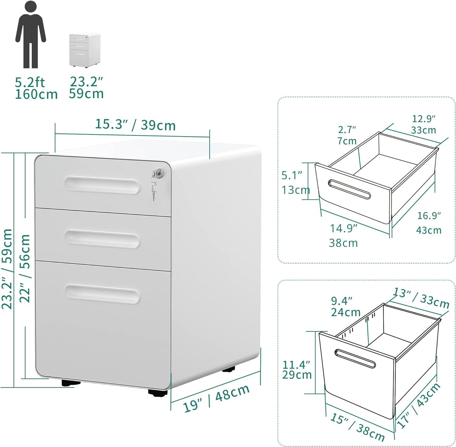 File Cabinet, Metal Mobile File Cabinet with Lock, Filing Cabinet Under Desk fits Legal/A4 Size for Home/Office, Fully Assembled-White