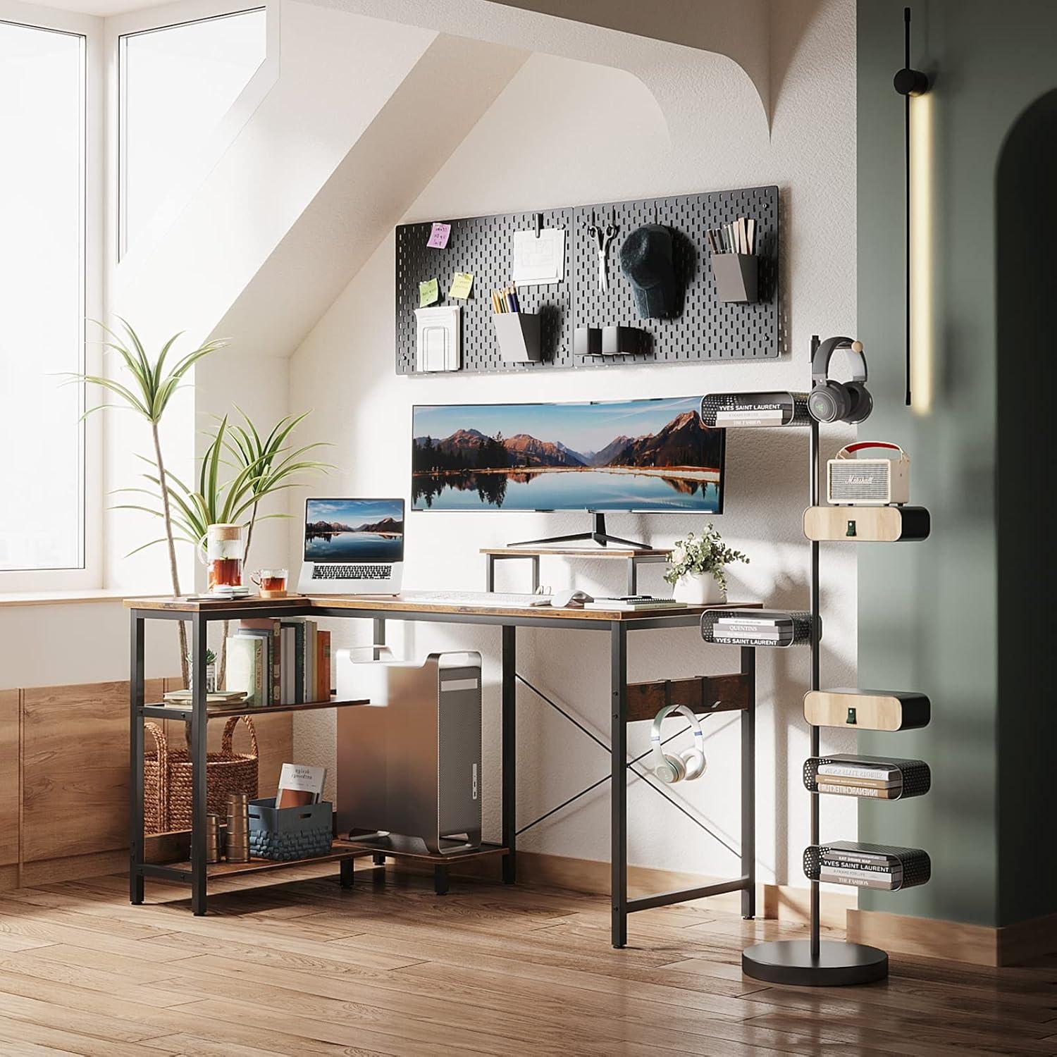 Rustic Brown L-Shaped Computer Desk with Shelves and Headphone Hook