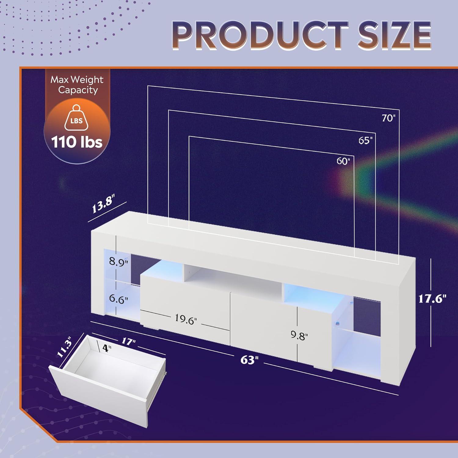 White Modern LED TV Stand with Drawers and Shelves