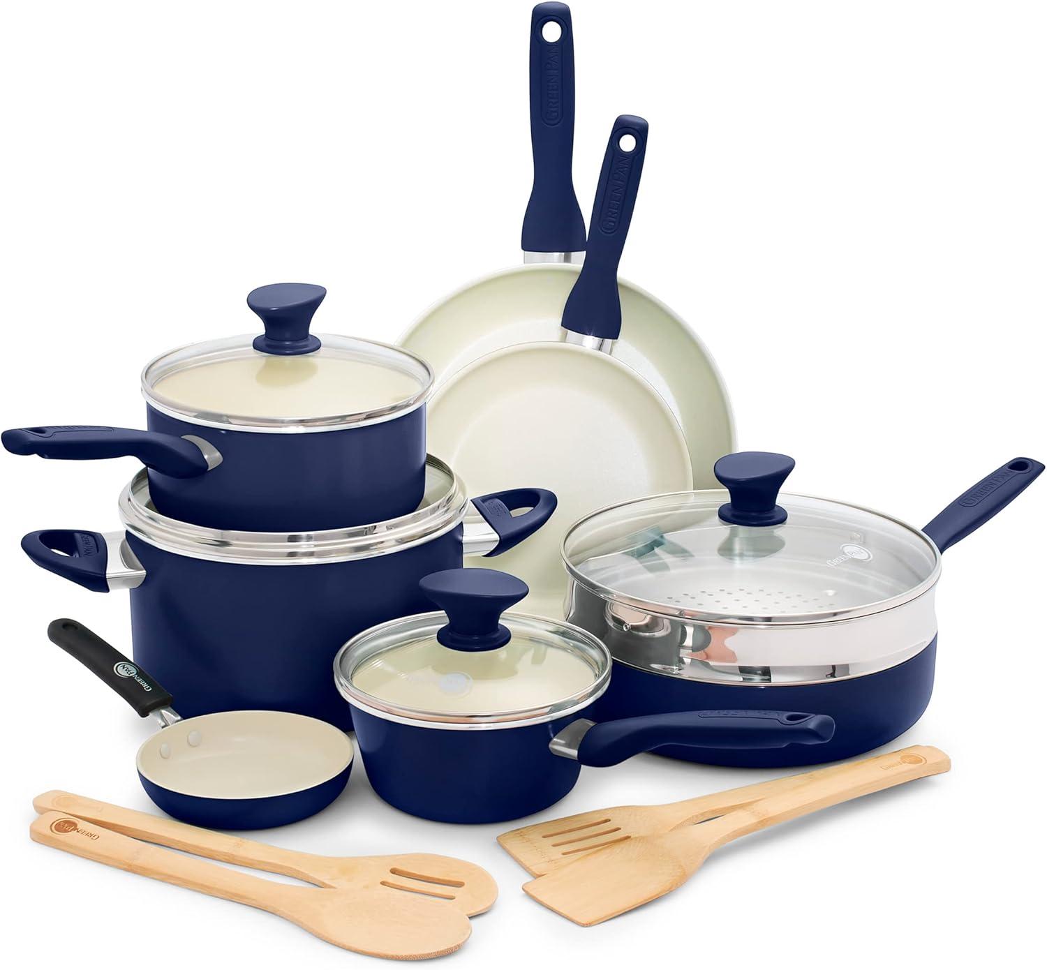 Blue 16-Piece Aluminum Nonstick Cookware Set with Glass Lids