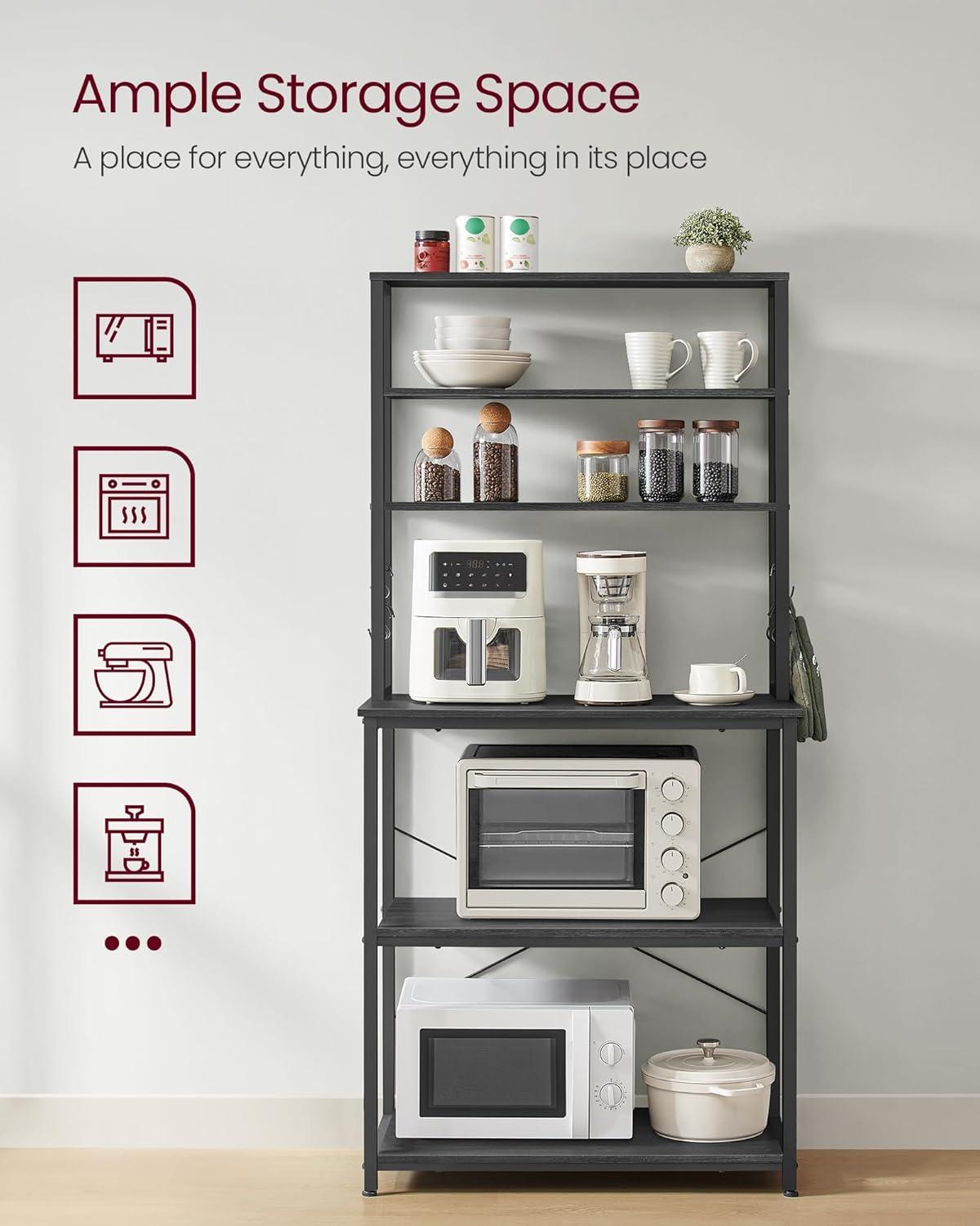 31.5 Inches Coffee Bar Baker's Rack for Kitchen with Storage, 6-Tier Shelves with 6 Hooks, Microwave Stand, Industrial Style, Charcoal Gray and Black UKKS019B22