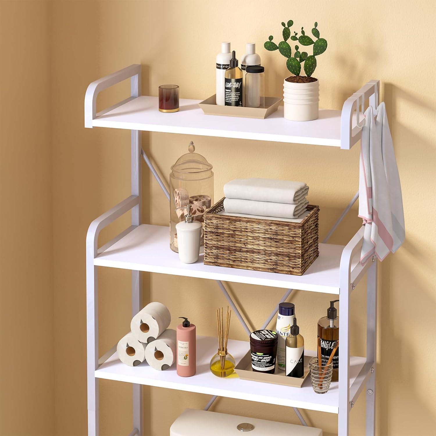 Over The Toilet Storage Rack with 3-Tier Bathroom Shelves, Space Saver Toilet Shelf, Bathroom Storage Organizer with Hooks for Over Toilet Storage and Shelf (White)