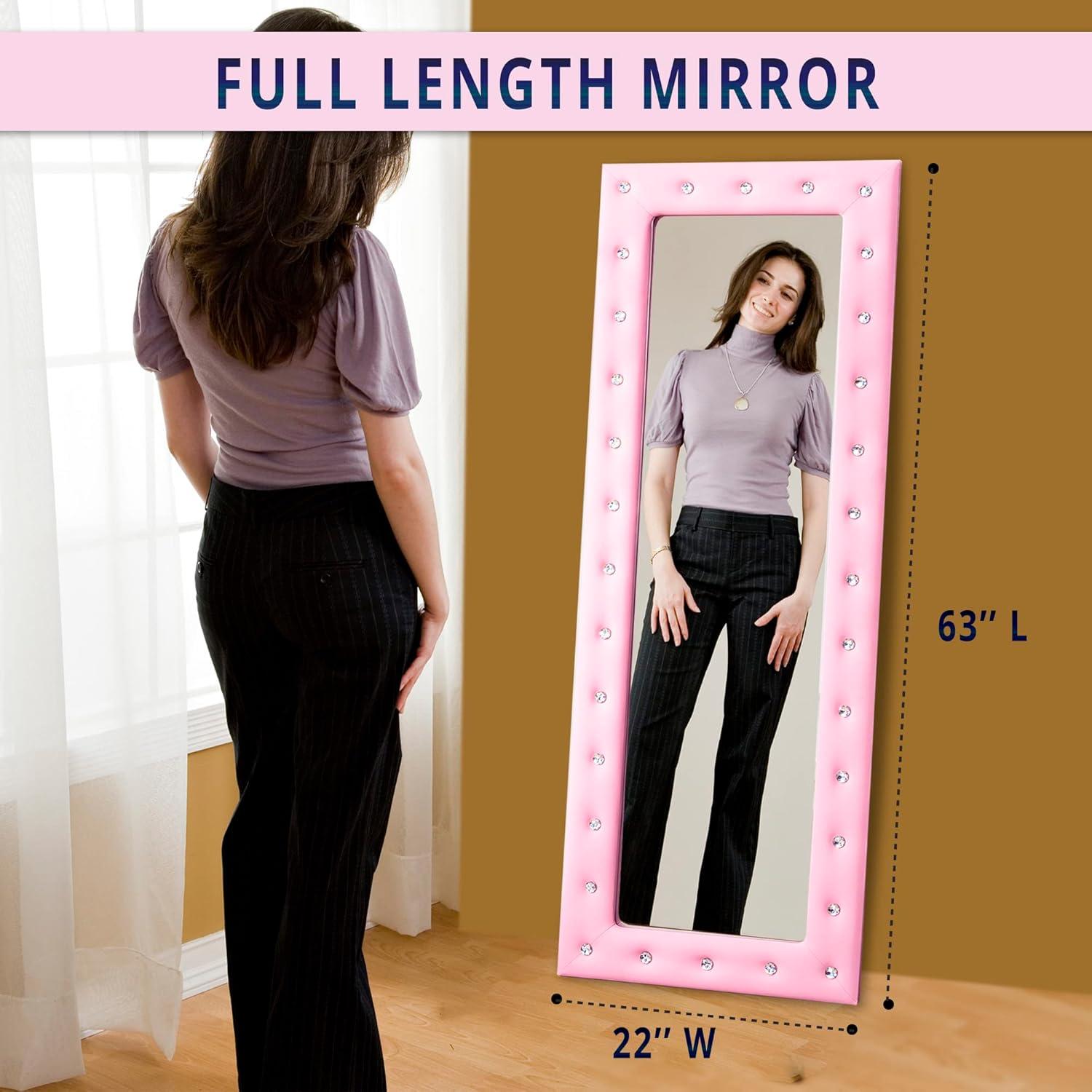 Naomi Home Crystal Tufted Floor Mirror Full Length 63 LX22 W Wall Mirror Full Length Standing Wall with Faux Wood Frame Mirrors for Bedroom - Pink