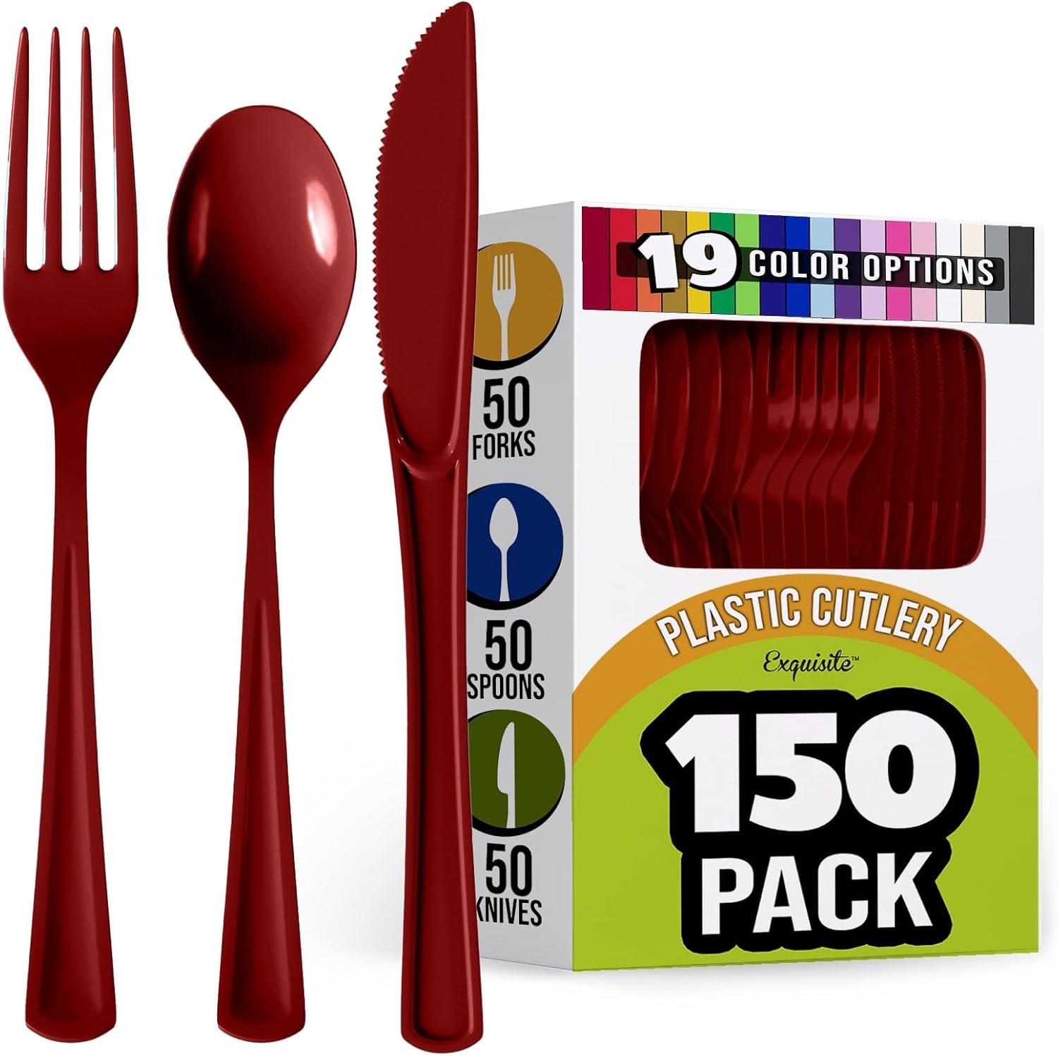 Exquisite Burgundy Plastic Utensil Cutlery Set Forks Spoons Knives- 150 Pack