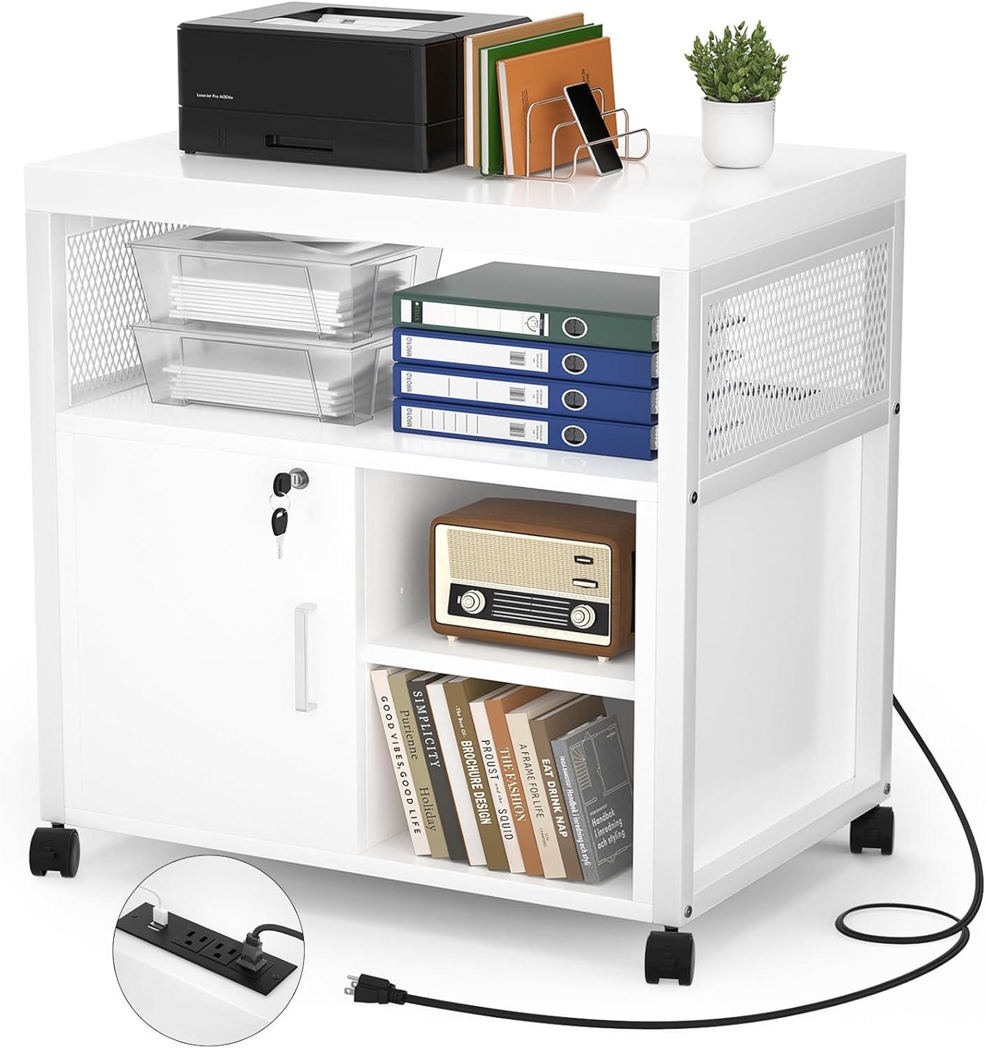 White MDF Rolling File Cabinet with USB Charging Port and Metal Frame