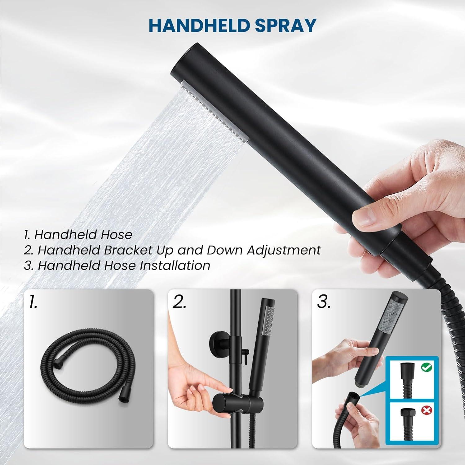 gotonovo SUS304 Outdoor Shower Fixture High Pressure Shower System Wall Mount 2 Dual Function Single Handle Shower Kit with 8 Inch Shower Head and Handheld Spray Shower Faucet Combo, Matte Black