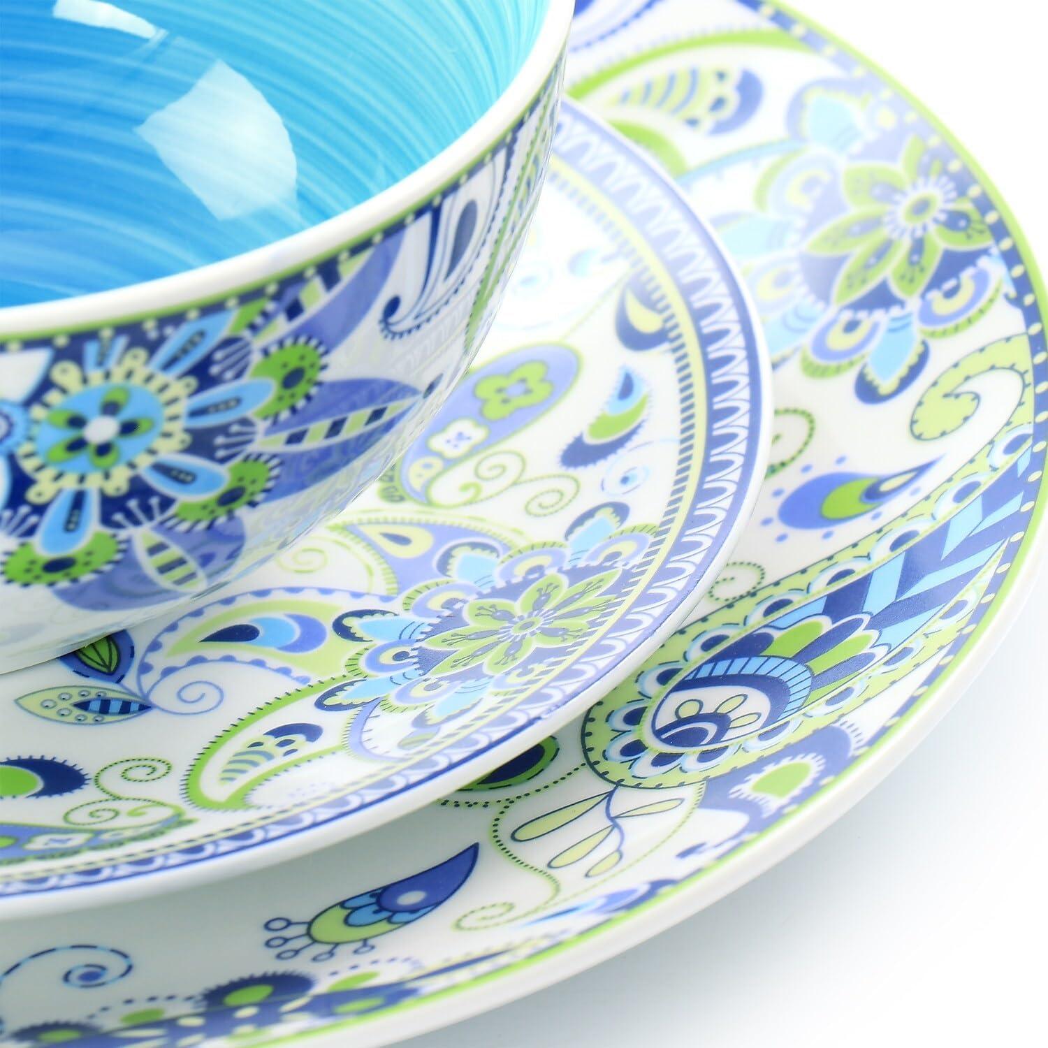 Blue and Green Mandala Porcelain Dinnerware Set, Service for 4