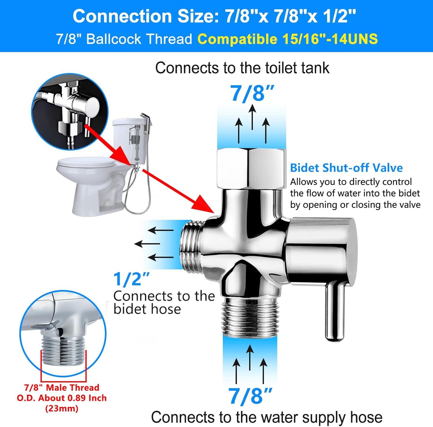 Bidet T Adapter with Shut-off Valve: 3 Way Brass T-valve for Bidet 7/8”X 7/8”X 1/2” - Tee Connector Leakproof Adjust Water Pressure Bidet Toilet Attachment Bathroom Installation