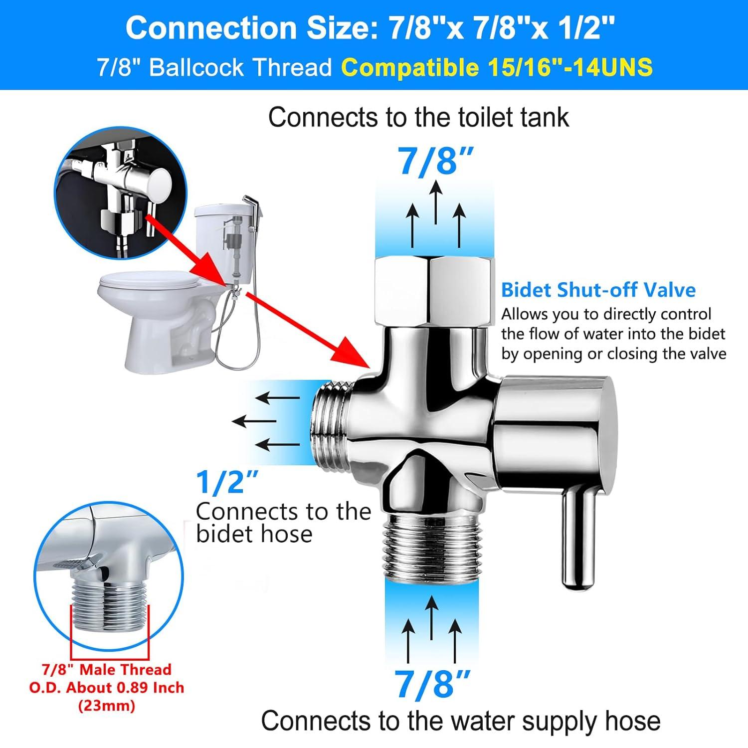 Bidet T Adapter with Shut-off Valve: 3 Way Brass T-valve for Bidet 7/8”X 7/8”X 1/2” - Tee Connector Leakproof Adjust Water Pressure Bidet Toilet Attachment Bathroom Installation