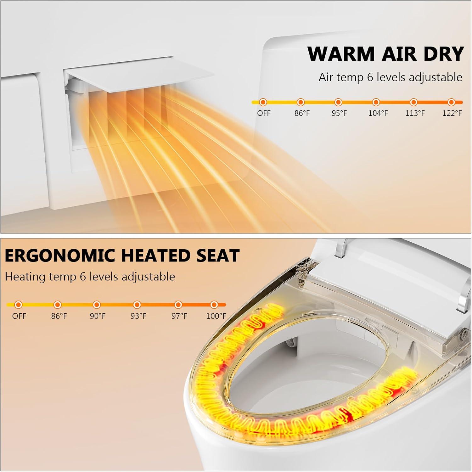 Smart Toilet with Warm Water Sprayer, Foot Sensor Operation, Heated Bidet Seat, Raised Tankless Toilet with LED Display