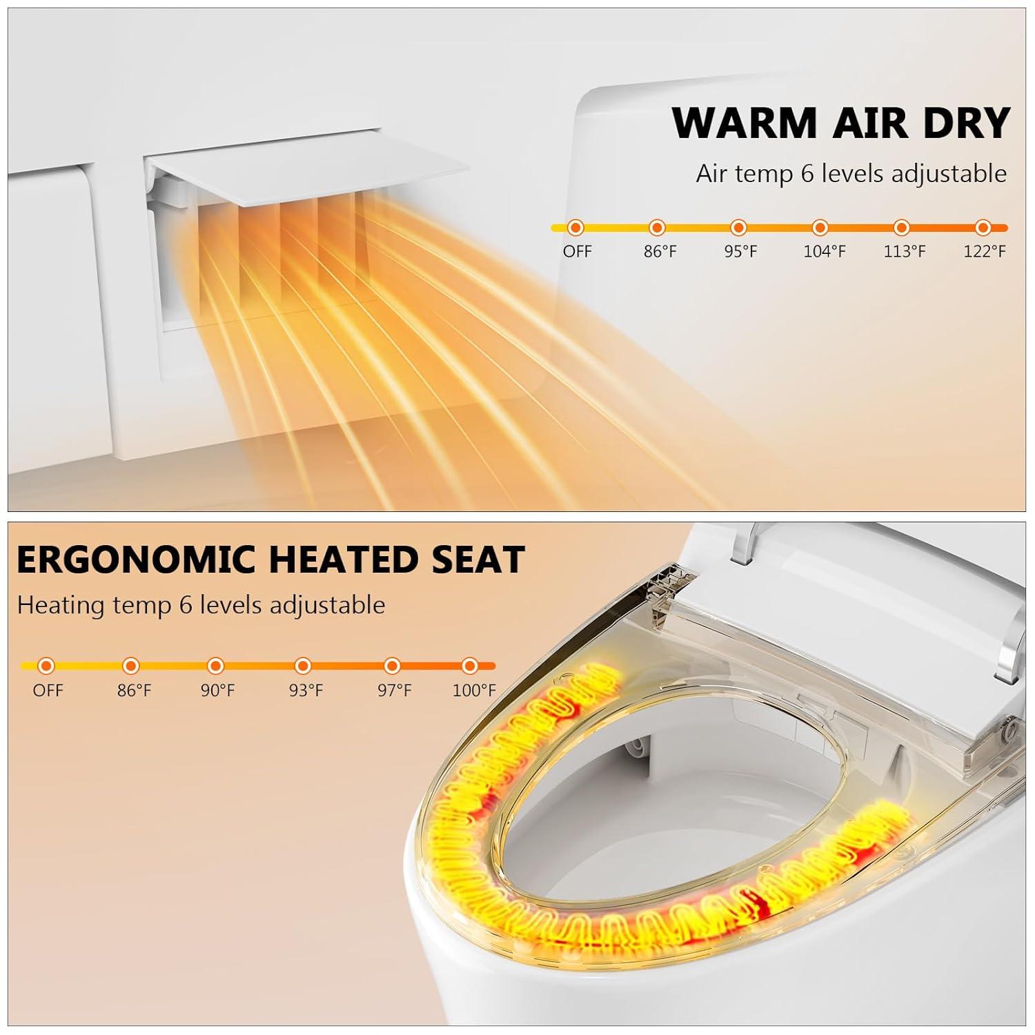 Smart Toilet with Warm Water Sprayer, Foot Sensor Operation, Heated Bidet Seat, Raised Tankless Toilet with LED Display
