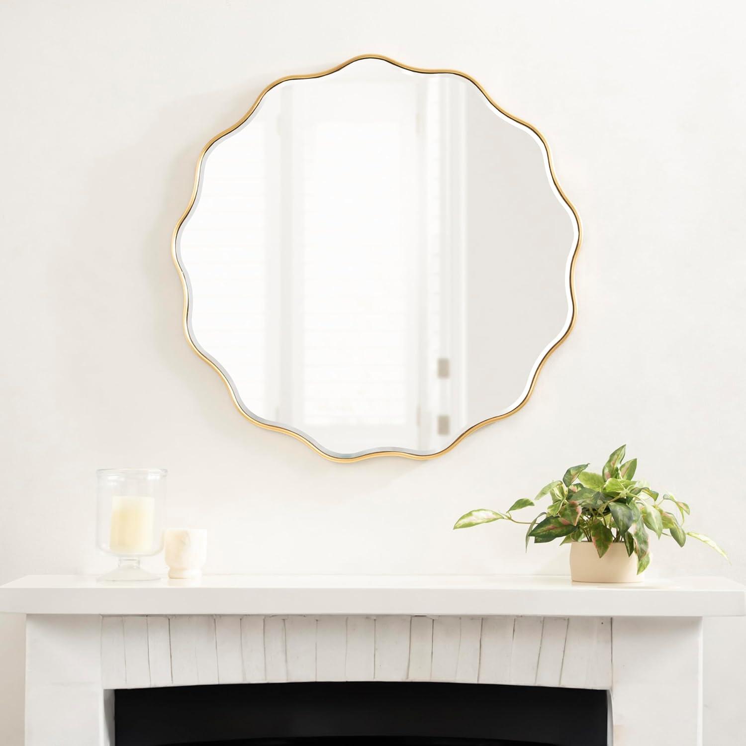 Kate & Laurel All Things Decor 32"x32" Viona Round Scalloped Mirror Gold: Luxury Glam Decor, No Assembly, Espejo