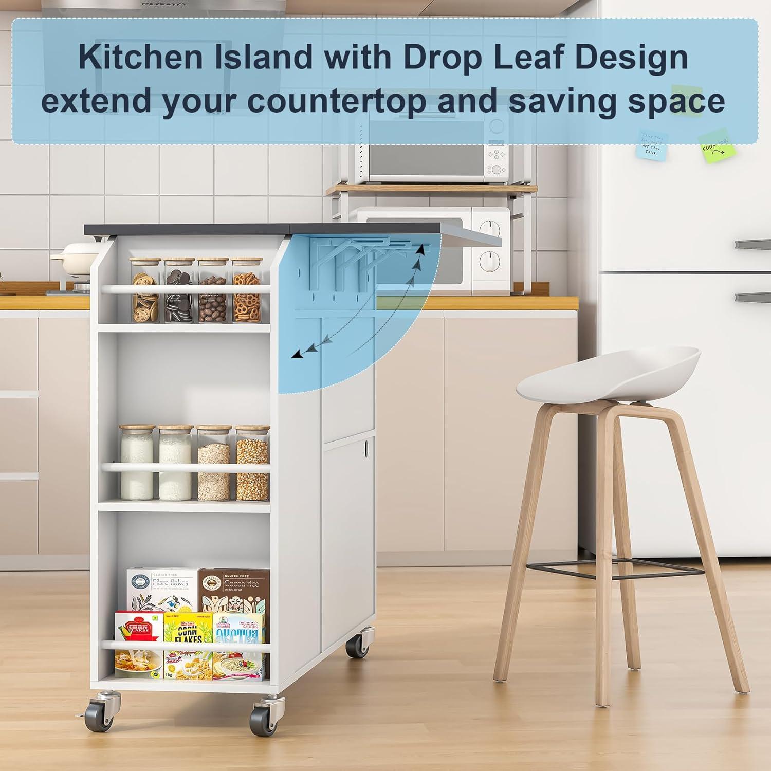 White Rolling Kitchen Island with Drop Leaf and LED Light