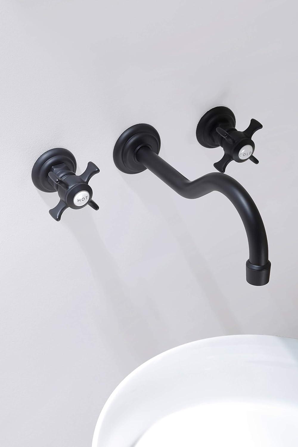 Matte Black Vintage Wall-Mounted Bathroom Faucet with Cross Handles