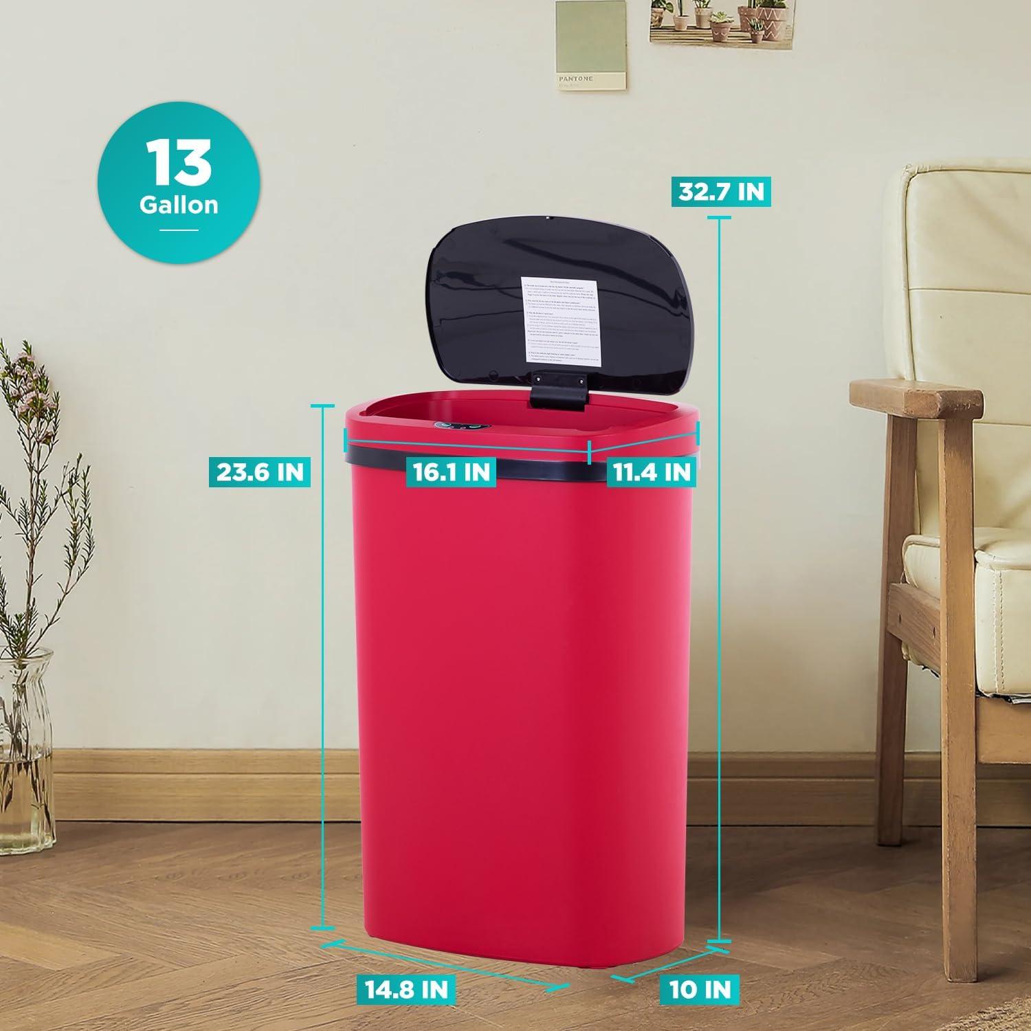 13 Gallon 50L Touch Automatic Stainless Steel Trash Can Garbage Can Metal Trash Bin with Lid for Kitchen Living Room Office Bathroom, Electronic Sensor Automatic Trash Can - Red