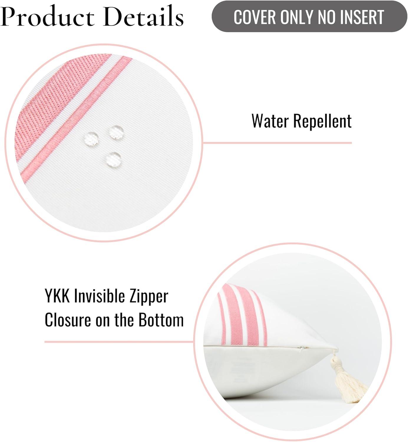Hofdeco Premium Coastal Patio Indoor Outdoor Throw Pillow Cover Only, 20"x20" Water Repellent for Backyard, Couch, Blush Pink Embroidered Stripes with Tassels