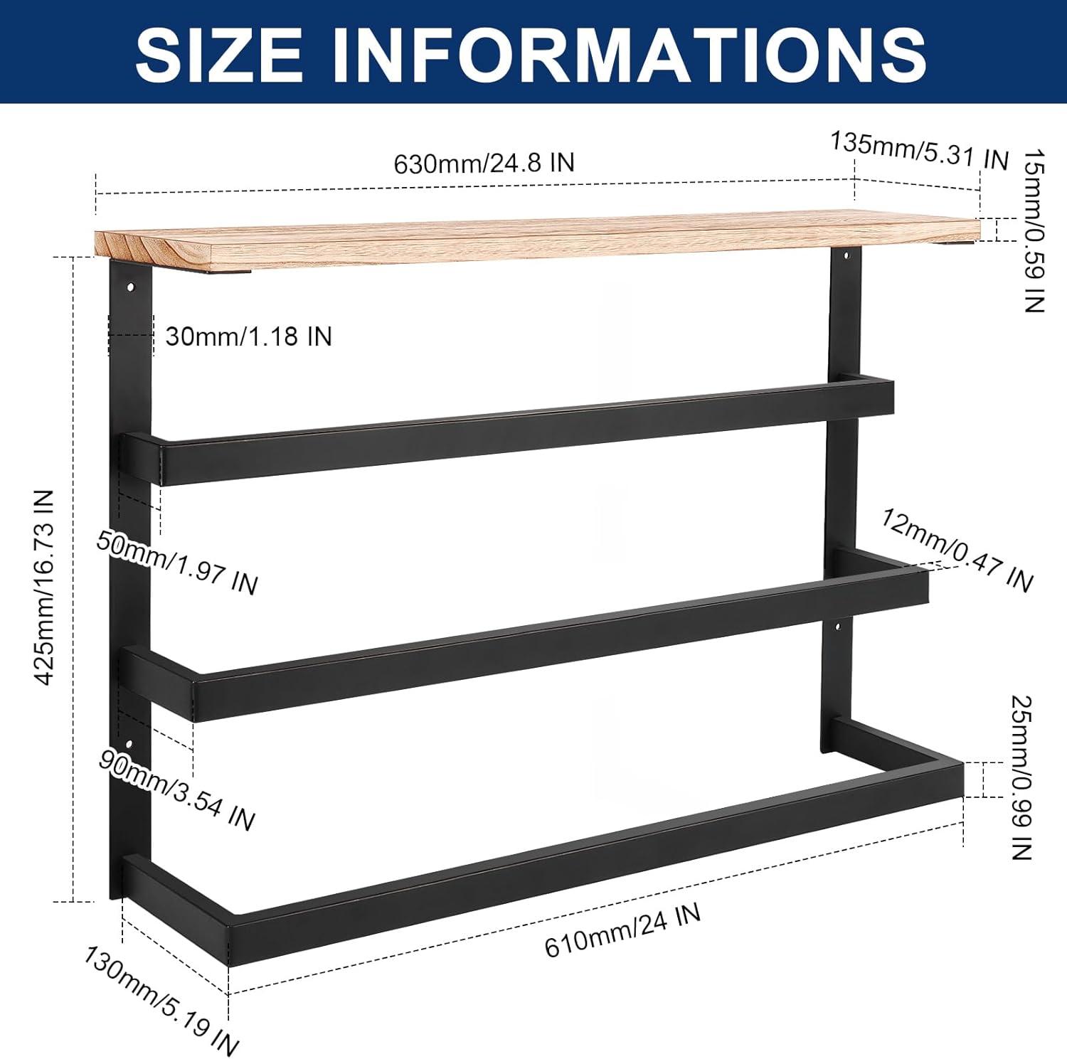 Matte Black Wall Mounted 3-Tier Towel Rack with Wood Shelf